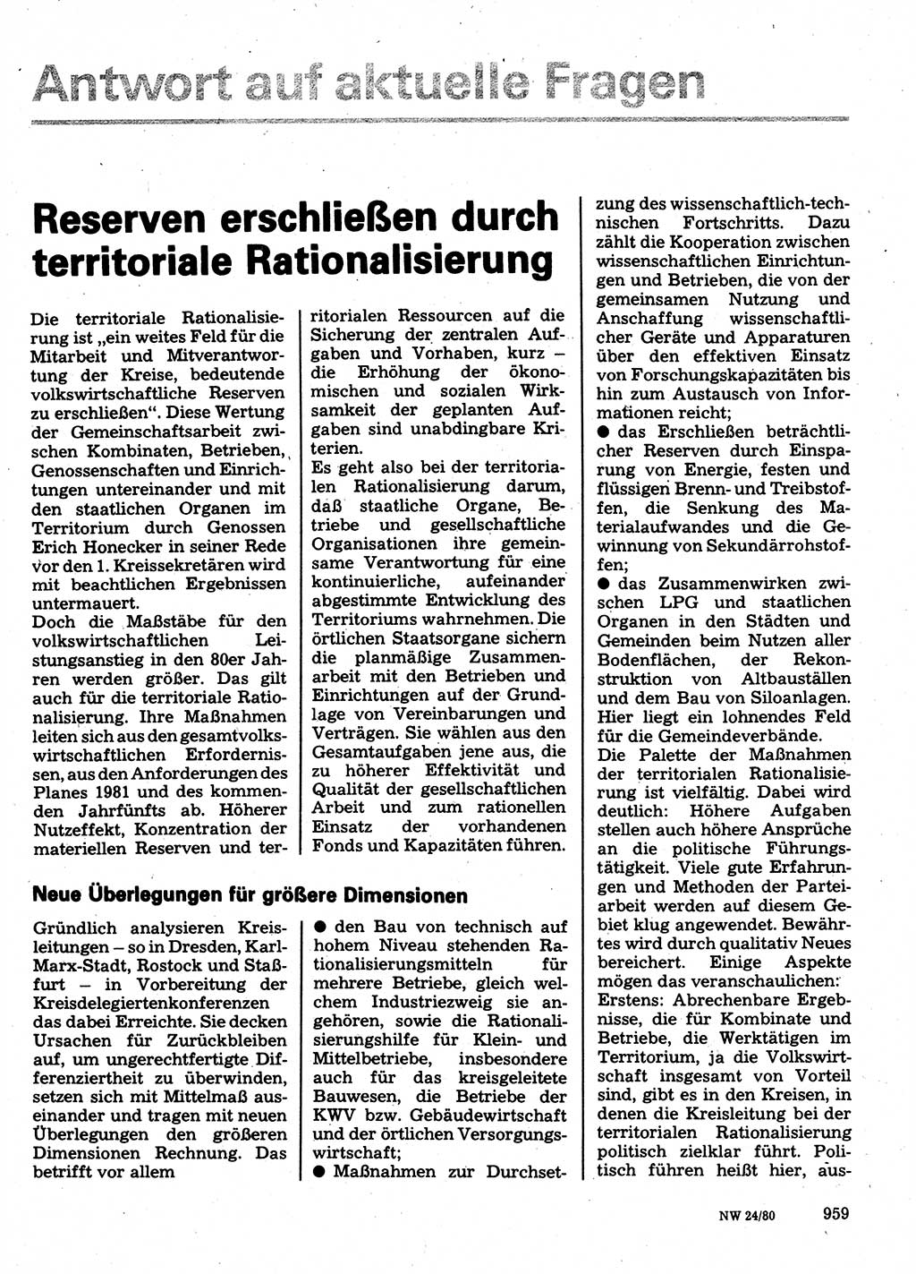 Neuer Weg (NW), Organ des Zentralkomitees (ZK) der SED (Sozialistische Einheitspartei Deutschlands) für Fragen des Parteilebens, 35. Jahrgang [Deutsche Demokratische Republik (DDR)] 1980, Seite 959 (NW ZK SED DDR 1980, S. 959)