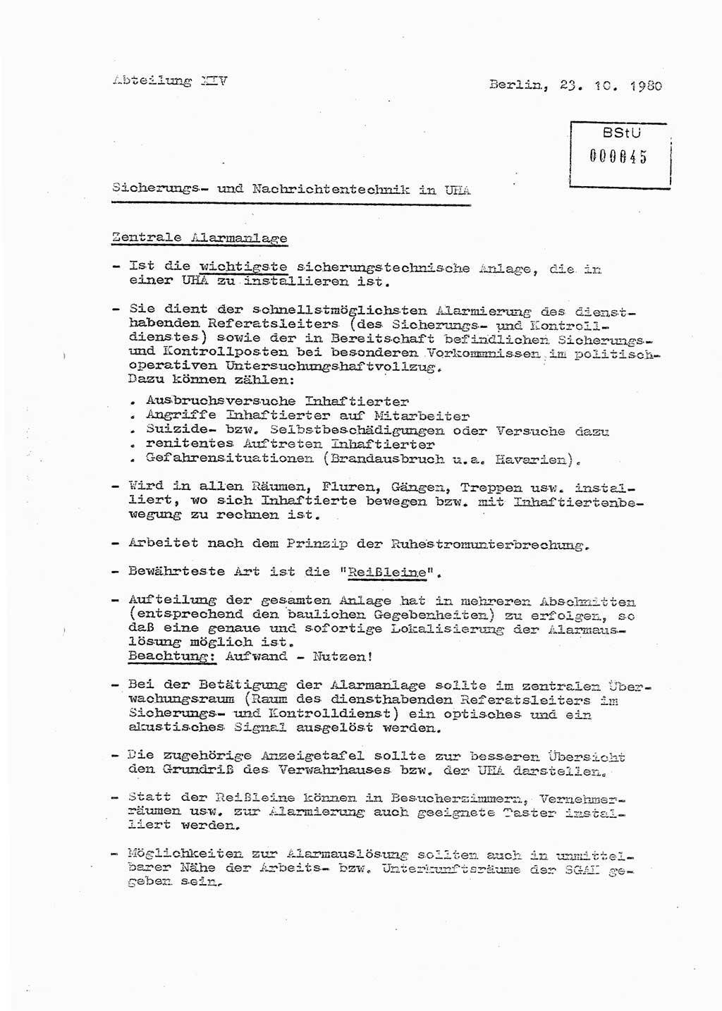 Sicherungs- und Nachrichtentechnik in UHA [Untersuchungshaftanstalten, Ministerium für Staatssicherheit, Deutsche Demokratische Republik (DDR)], Abteilung (Abt.) ⅩⅣ, Berlin 1980, Seite 1 (Si.-NT UHA MfS DDR Abt. ⅩⅣ /80 1980, S. 1)