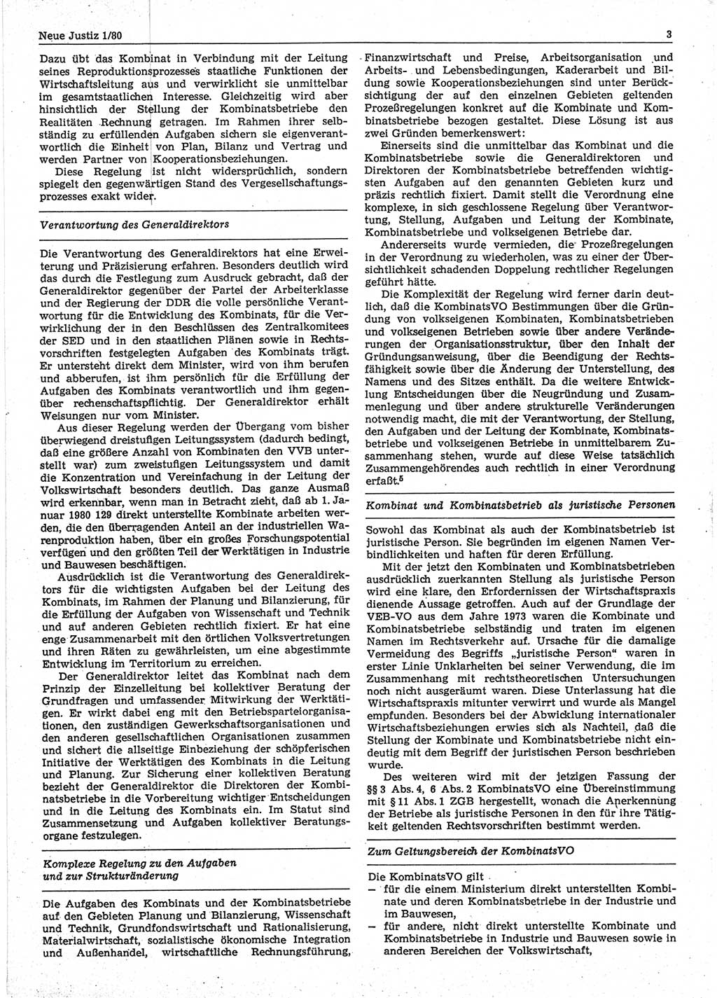 Neue Justiz (NJ), Zeitschrift für sozialistisches Recht und Gesetzlichkeit [Deutsche Demokratische Republik (DDR)], 34. Jahrgang 1980, Seite 3 (NJ DDR 1980, S. 3)