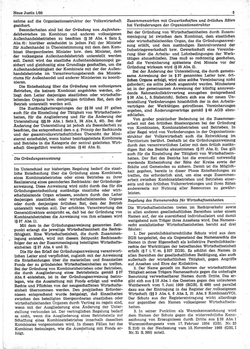 Neue Justiz (NJ), Zeitschrift für sozialistisches Recht und Gesetzlichkeit [Deutsche Demokratische Republik (DDR)], 34. Jahrgang 1980, Seite 5 (NJ DDR 1980, S. 5)