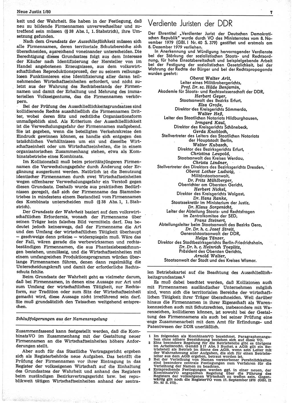 Neue Justiz (NJ), Zeitschrift für sozialistisches Recht und Gesetzlichkeit [Deutsche Demokratische Republik (DDR)], 34. Jahrgang 1980, Seite 7 (NJ DDR 1980, S. 7)