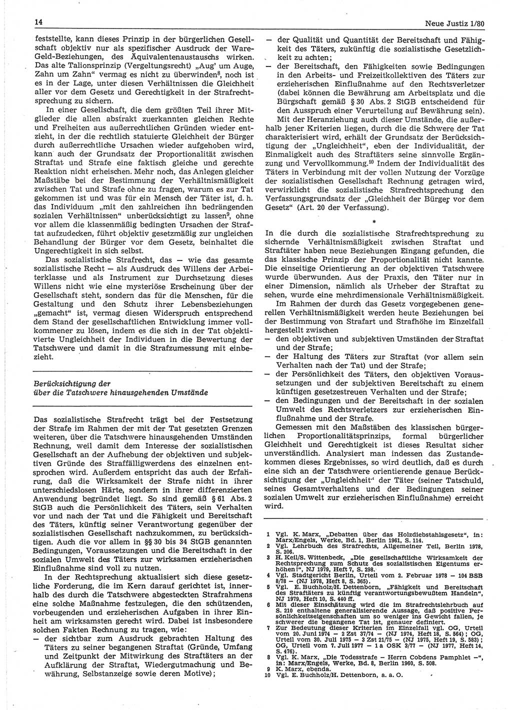 Neue Justiz (NJ), Zeitschrift für sozialistisches Recht und Gesetzlichkeit [Deutsche Demokratische Republik (DDR)], 34. Jahrgang 1980, Seite 14 (NJ DDR 1980, S. 14)