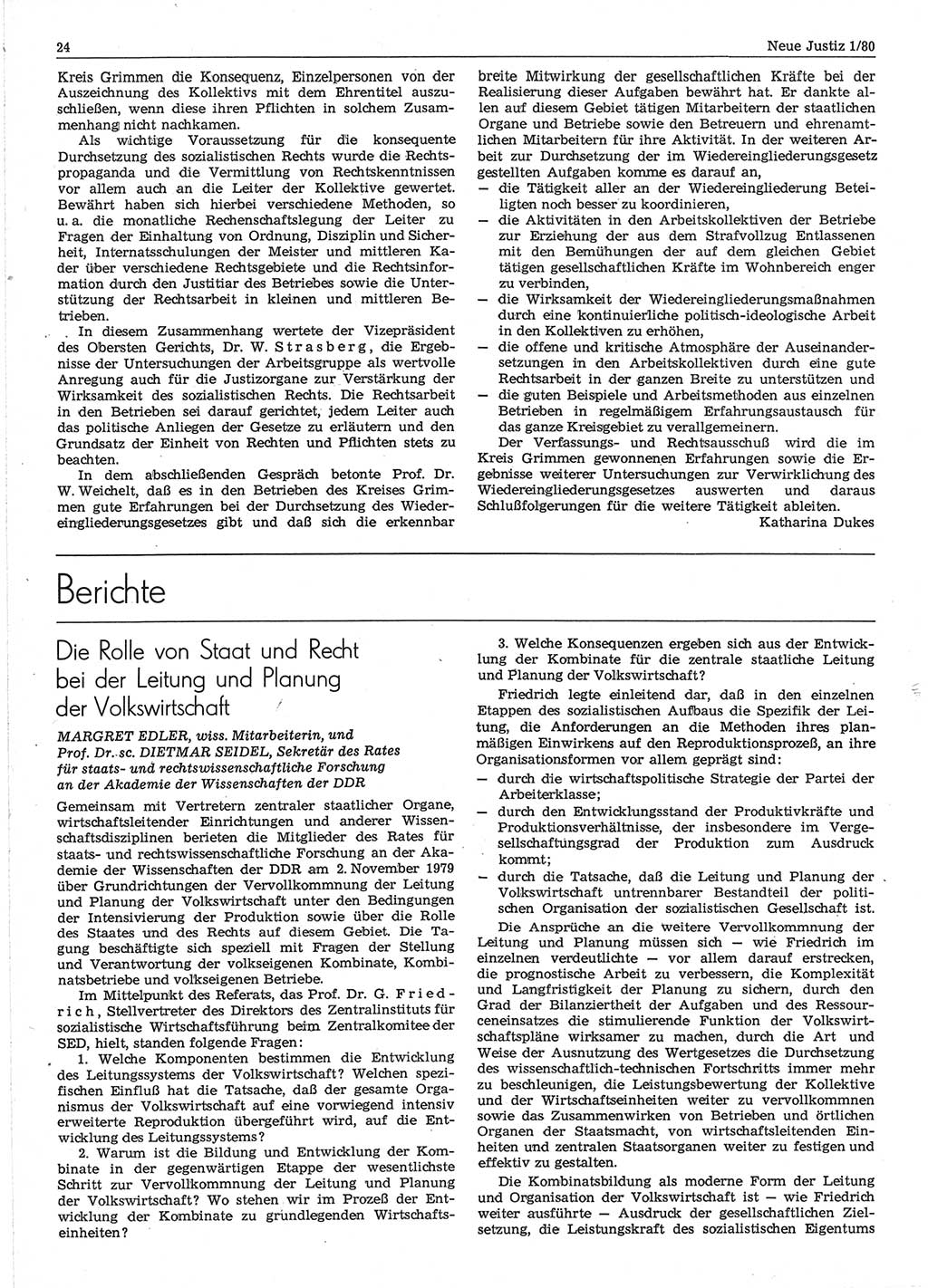 Neue Justiz (NJ), Zeitschrift für sozialistisches Recht und Gesetzlichkeit [Deutsche Demokratische Republik (DDR)], 34. Jahrgang 1980, Seite 24 (NJ DDR 1980, S. 24)
