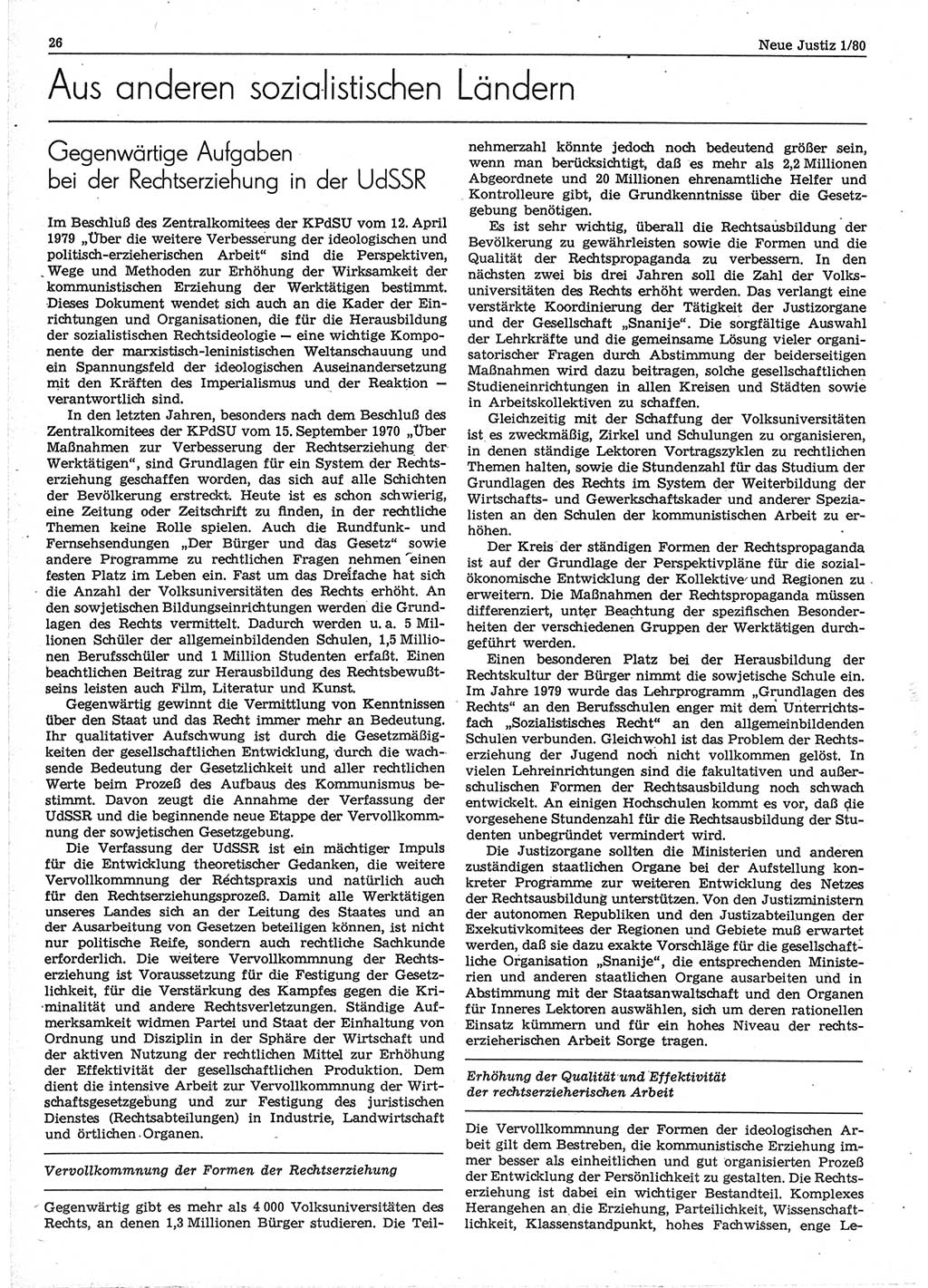 Neue Justiz (NJ), Zeitschrift für sozialistisches Recht und Gesetzlichkeit [Deutsche Demokratische Republik (DDR)], 34. Jahrgang 1980, Seite 26 (NJ DDR 1980, S. 26)