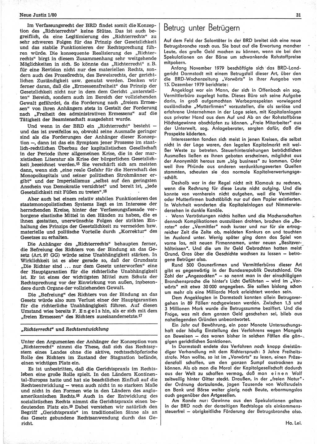 Neue Justiz (NJ), Zeitschrift für sozialistisches Recht und Gesetzlichkeit [Deutsche Demokratische Republik (DDR)], 34. Jahrgang 1980, Seite 31 (NJ DDR 1980, S. 31)