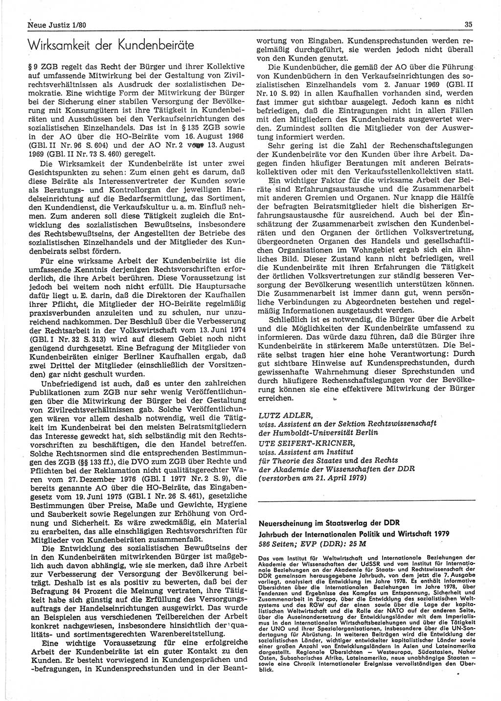 Neue Justiz (NJ), Zeitschrift für sozialistisches Recht und Gesetzlichkeit [Deutsche Demokratische Republik (DDR)], 34. Jahrgang 1980, Seite 35 (NJ DDR 1980, S. 35)
