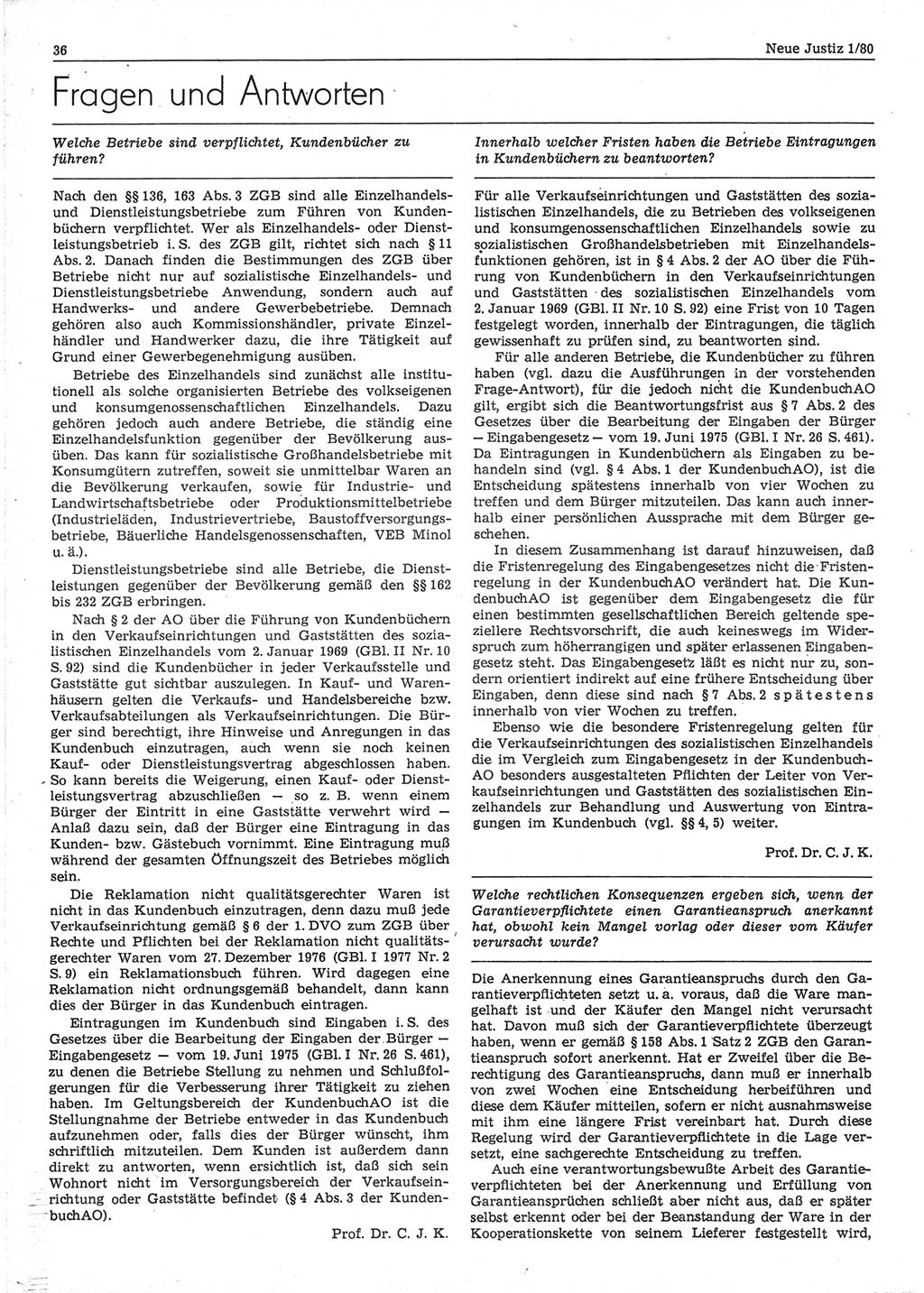 Neue Justiz (NJ), Zeitschrift für sozialistisches Recht und Gesetzlichkeit [Deutsche Demokratische Republik (DDR)], 34. Jahrgang 1980, Seite 36 (NJ DDR 1980, S. 36)