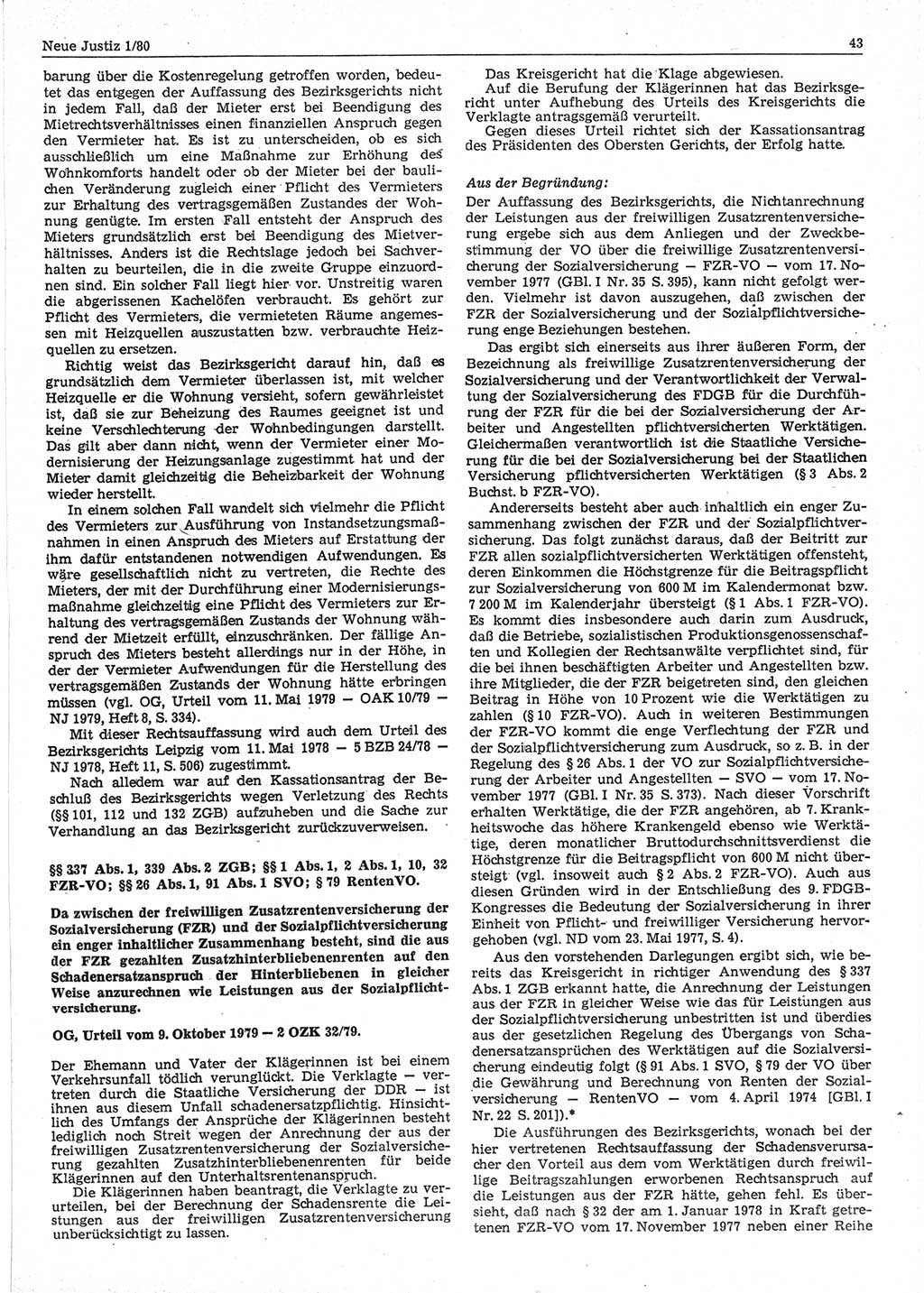 Neue Justiz (NJ), Zeitschrift für sozialistisches Recht und Gesetzlichkeit [Deutsche Demokratische Republik (DDR)], 34. Jahrgang 1980, Seite 43 (NJ DDR 1980, S. 43)