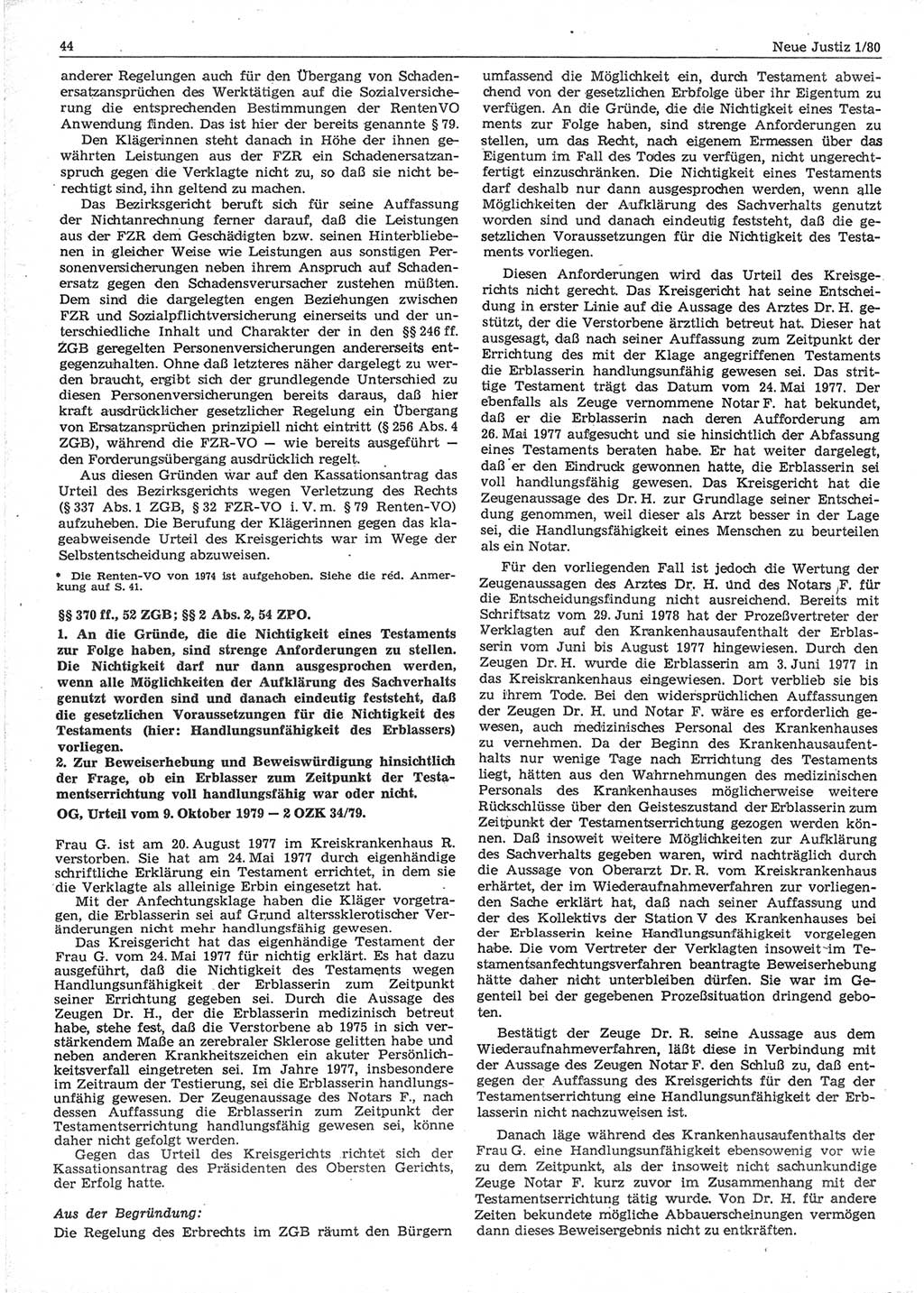 Neue Justiz (NJ), Zeitschrift für sozialistisches Recht und Gesetzlichkeit [Deutsche Demokratische Republik (DDR)], 34. Jahrgang 1980, Seite 44 (NJ DDR 1980, S. 44)