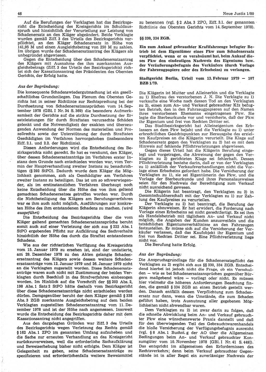 Neue Justiz (NJ), Zeitschrift für sozialistisches Recht und Gesetzlichkeit [Deutsche Demokratische Republik (DDR)], 34. Jahrgang 1980, Seite 46 (NJ DDR 1980, S. 46)