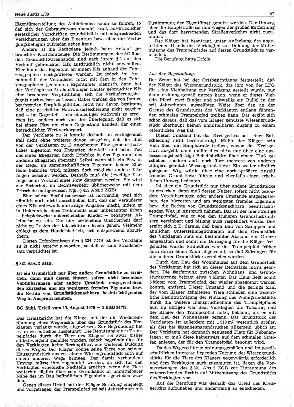 Neue Justiz (NJ), Zeitschrift für sozialistisches Recht und Gesetzlichkeit [Deutsche Demokratische Republik (DDR)], 34. Jahrgang 1980, Seite 47 (NJ DDR 1980, S. 47)