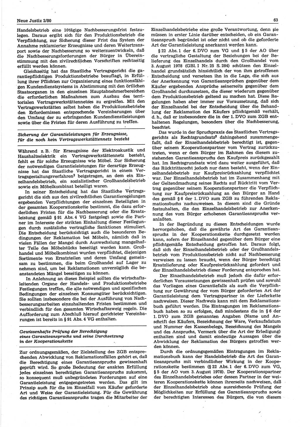 Neue Justiz (NJ), Zeitschrift für sozialistisches Recht und Gesetzlichkeit [Deutsche Demokratische Republik (DDR)], 34. Jahrgang 1980, Seite 63 (NJ DDR 1980, S. 63)