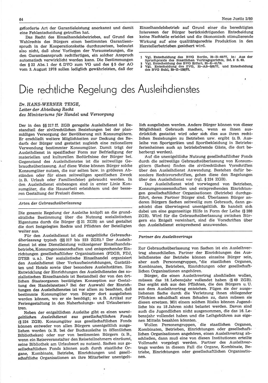 Neue Justiz (NJ), Zeitschrift für sozialistisches Recht und Gesetzlichkeit [Deutsche Demokratische Republik (DDR)], 34. Jahrgang 1980, Seite 64 (NJ DDR 1980, S. 64)