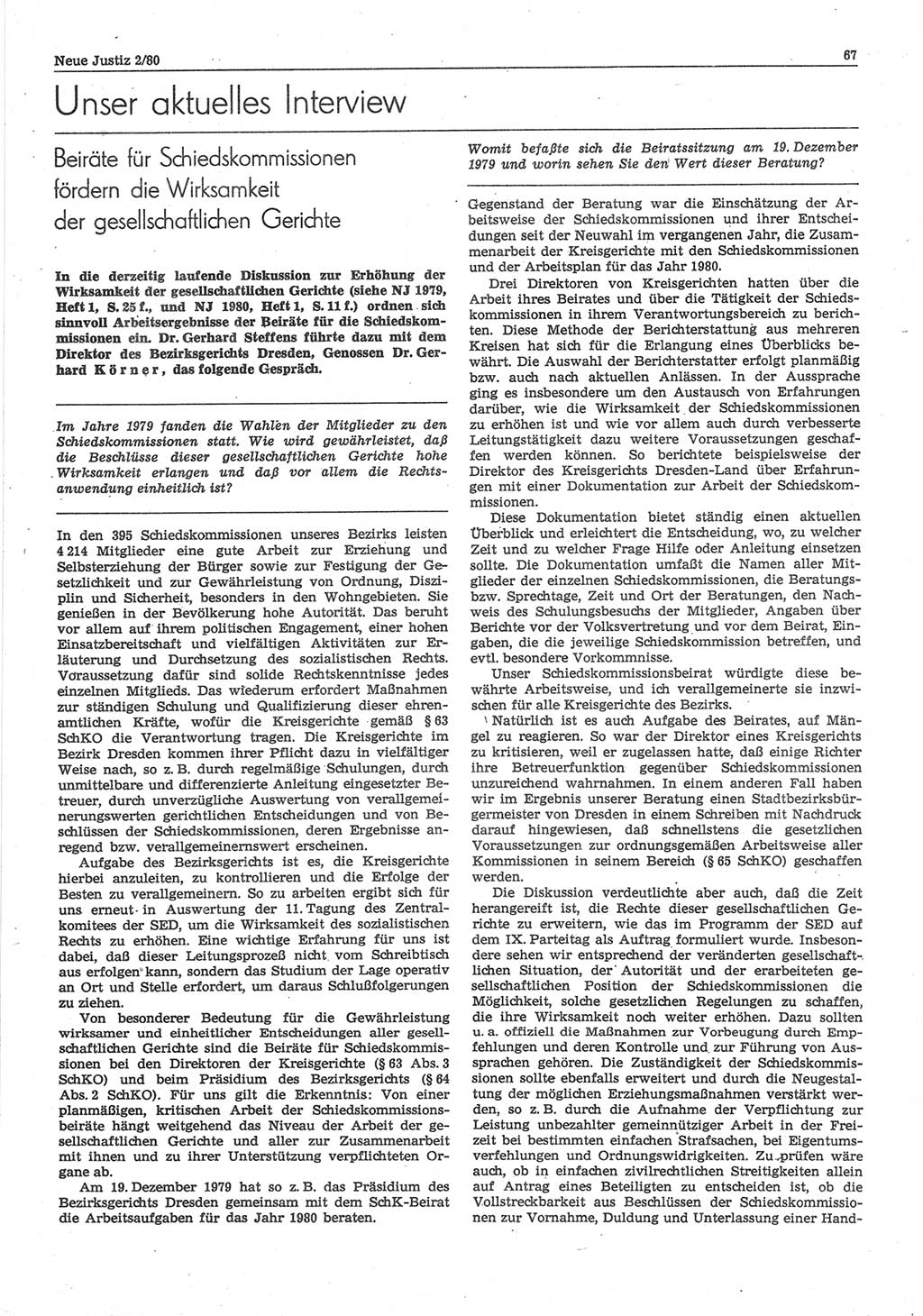 Neue Justiz (NJ), Zeitschrift für sozialistisches Recht und Gesetzlichkeit [Deutsche Demokratische Republik (DDR)], 34. Jahrgang 1980, Seite 67 (NJ DDR 1980, S. 67)