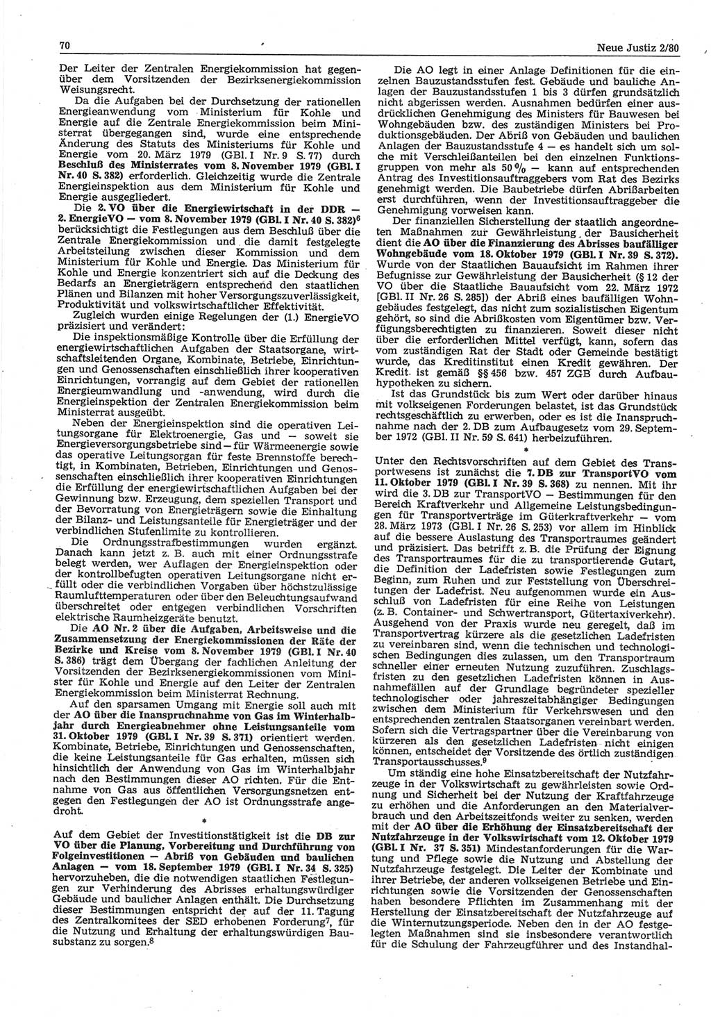 Neue Justiz (NJ), Zeitschrift für sozialistisches Recht und Gesetzlichkeit [Deutsche Demokratische Republik (DDR)], 34. Jahrgang 1980, Seite 70 (NJ DDR 1980, S. 70)