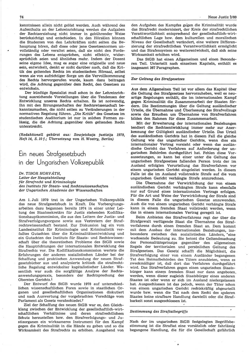 Neue Justiz (NJ), Zeitschrift für sozialistisches Recht und Gesetzlichkeit [Deutsche Demokratische Republik (DDR)], 34. Jahrgang 1980, Seite 74 (NJ DDR 1980, S. 74)