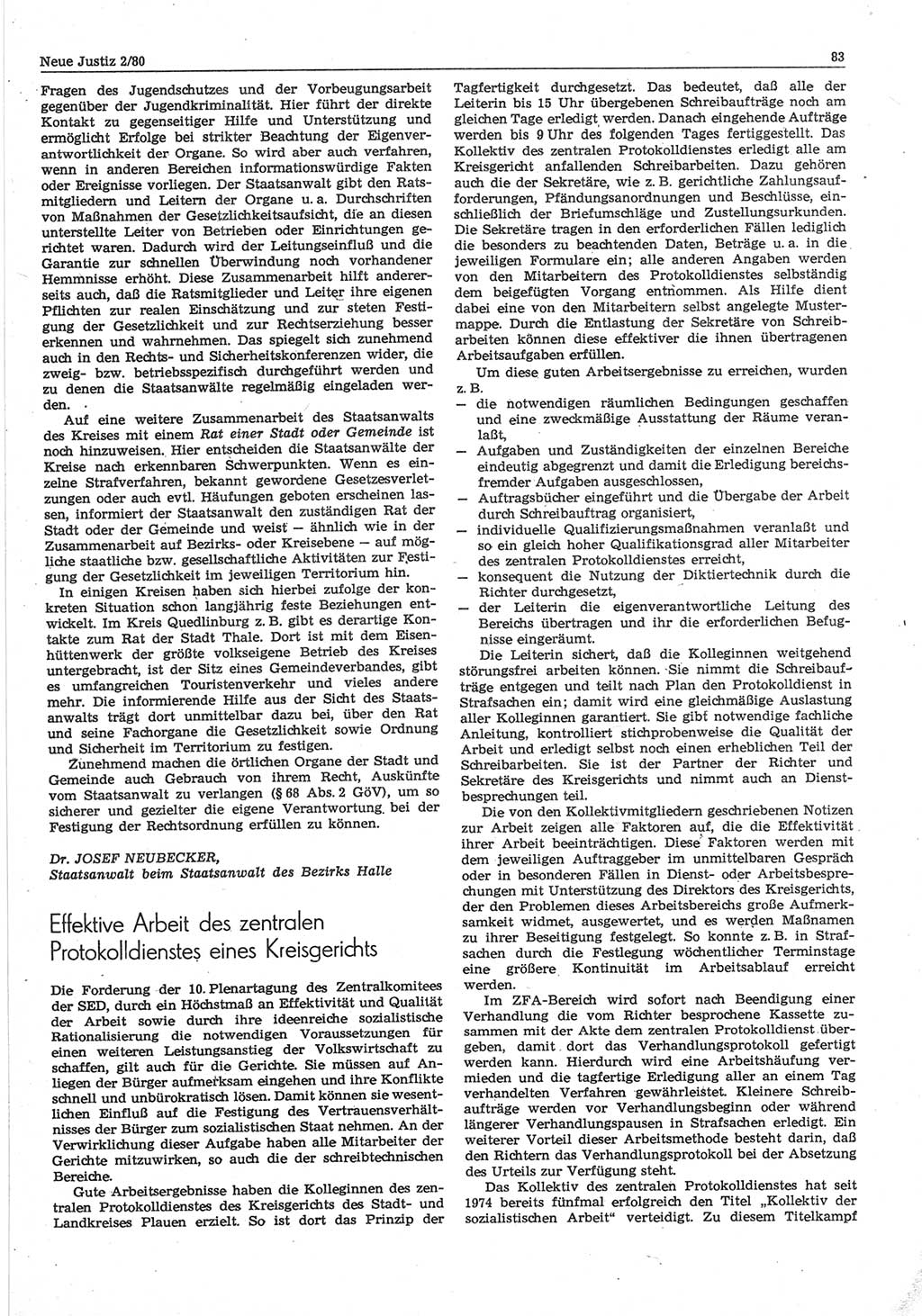Neue Justiz (NJ), Zeitschrift für sozialistisches Recht und Gesetzlichkeit [Deutsche Demokratische Republik (DDR)], 34. Jahrgang 1980, Seite 83 (NJ DDR 1980, S. 83)