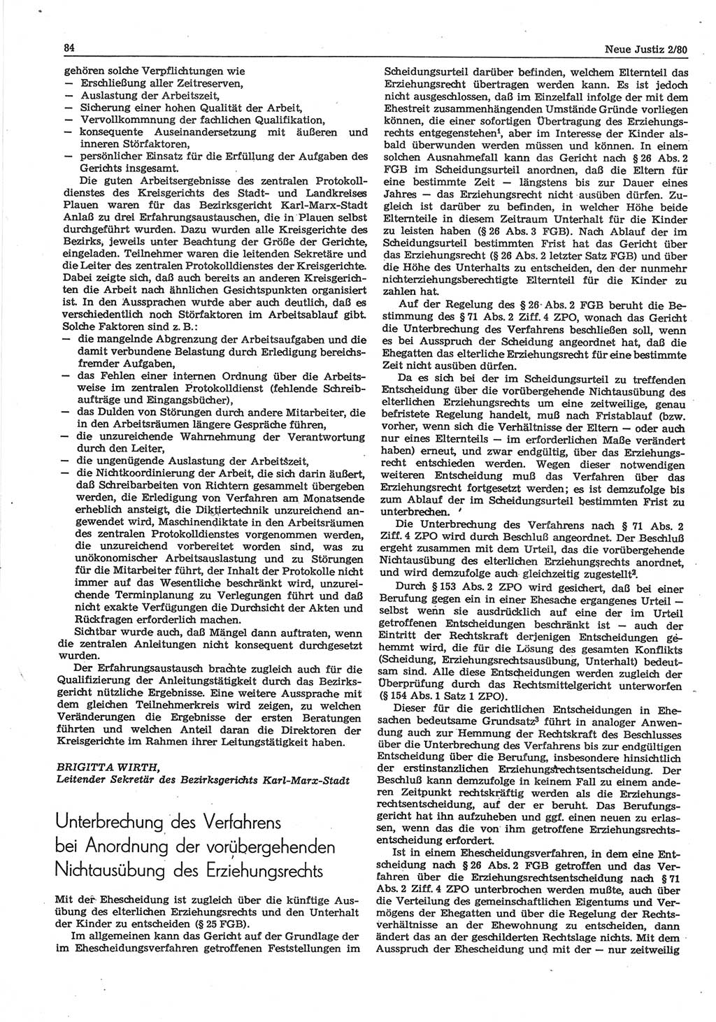 Neue Justiz (NJ), Zeitschrift für sozialistisches Recht und Gesetzlichkeit [Deutsche Demokratische Republik (DDR)], 34. Jahrgang 1980, Seite 84 (NJ DDR 1980, S. 84)