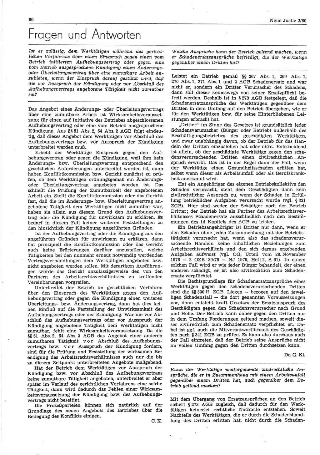 Neue Justiz (NJ), Zeitschrift für sozialistisches Recht und Gesetzlichkeit [Deutsche Demokratische Republik (DDR)], 34. Jahrgang 1980, Seite 86 (NJ DDR 1980, S. 86)