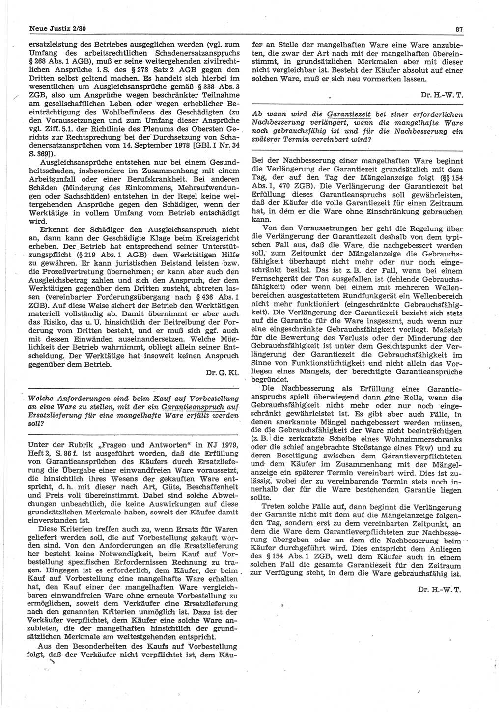 Neue Justiz (NJ), Zeitschrift für sozialistisches Recht und Gesetzlichkeit [Deutsche Demokratische Republik (DDR)], 34. Jahrgang 1980, Seite 87 (NJ DDR 1980, S. 87)