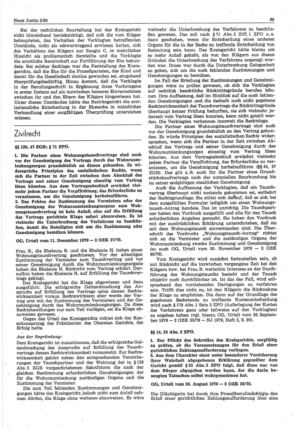 Neue Justiz (NJ), Zeitschrift für sozialistisches Recht und Gesetzlichkeit [Deutsche Demokratische Republik (DDR)], 34. Jahrgang 1980, Seite 89 (NJ DDR 1980, S. 89)