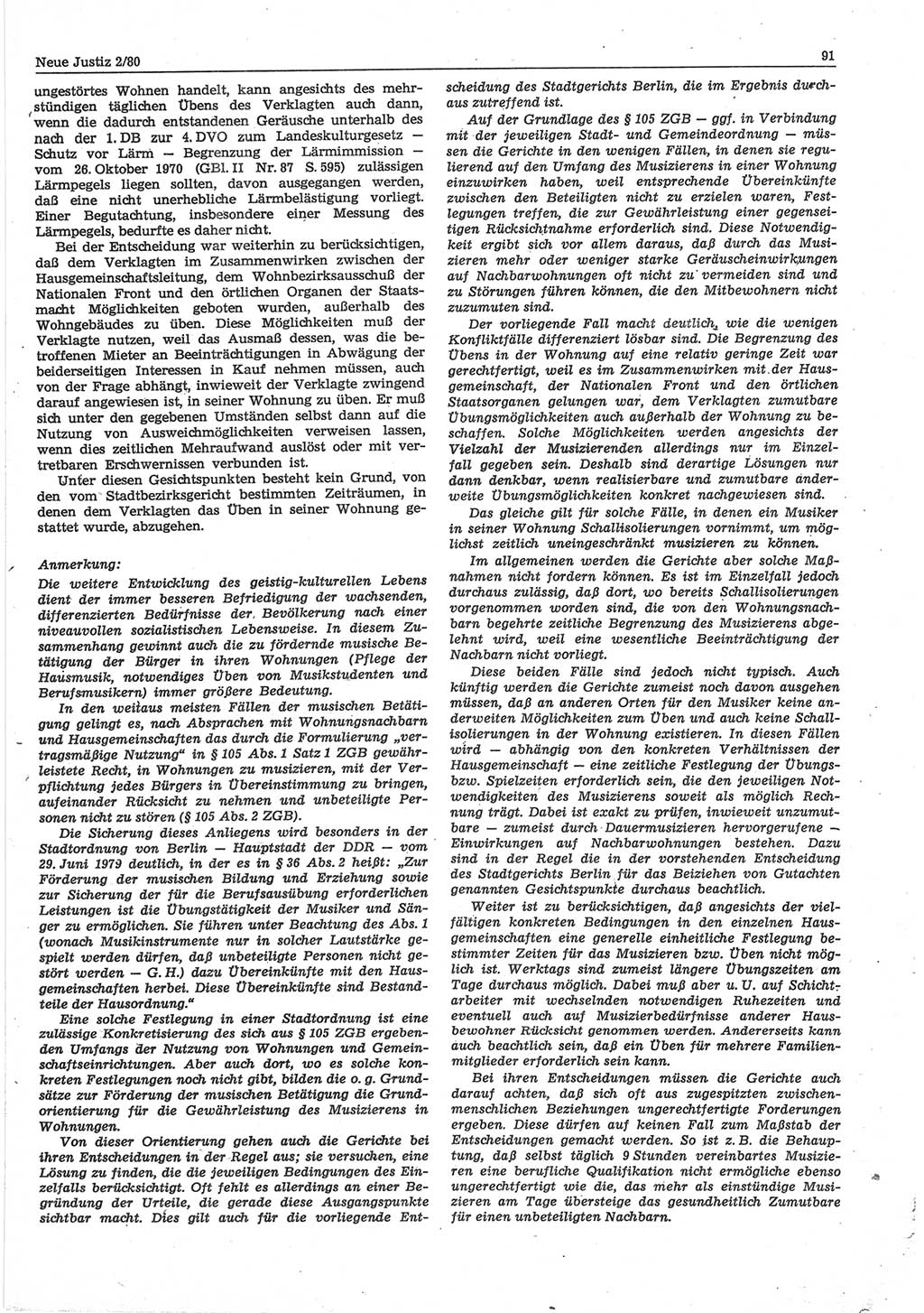 Neue Justiz (NJ), Zeitschrift für sozialistisches Recht und Gesetzlichkeit [Deutsche Demokratische Republik (DDR)], 34. Jahrgang 1980, Seite 91 (NJ DDR 1980, S. 91)