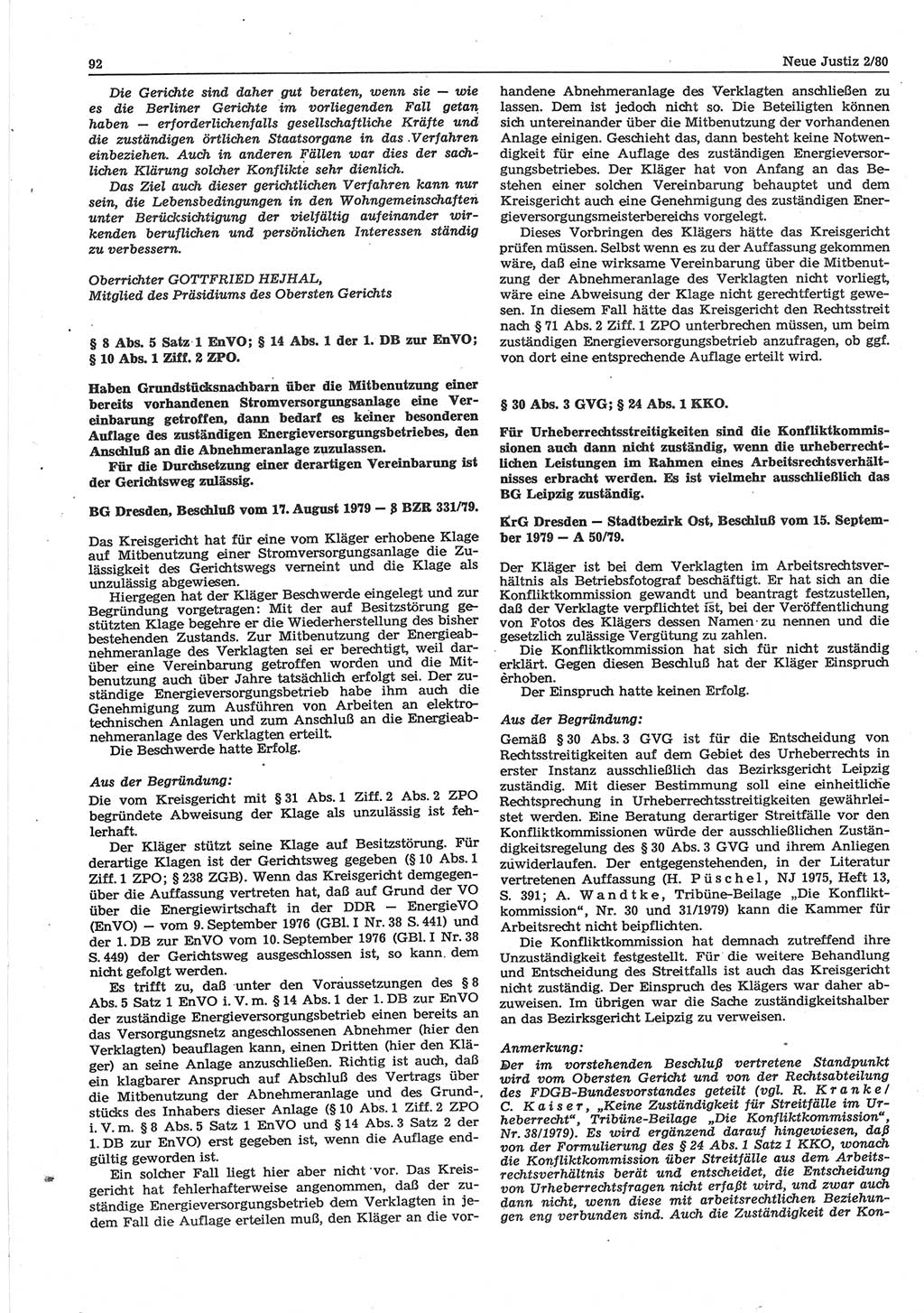 Neue Justiz (NJ), Zeitschrift für sozialistisches Recht und Gesetzlichkeit [Deutsche Demokratische Republik (DDR)], 34. Jahrgang 1980, Seite 92 (NJ DDR 1980, S. 92)