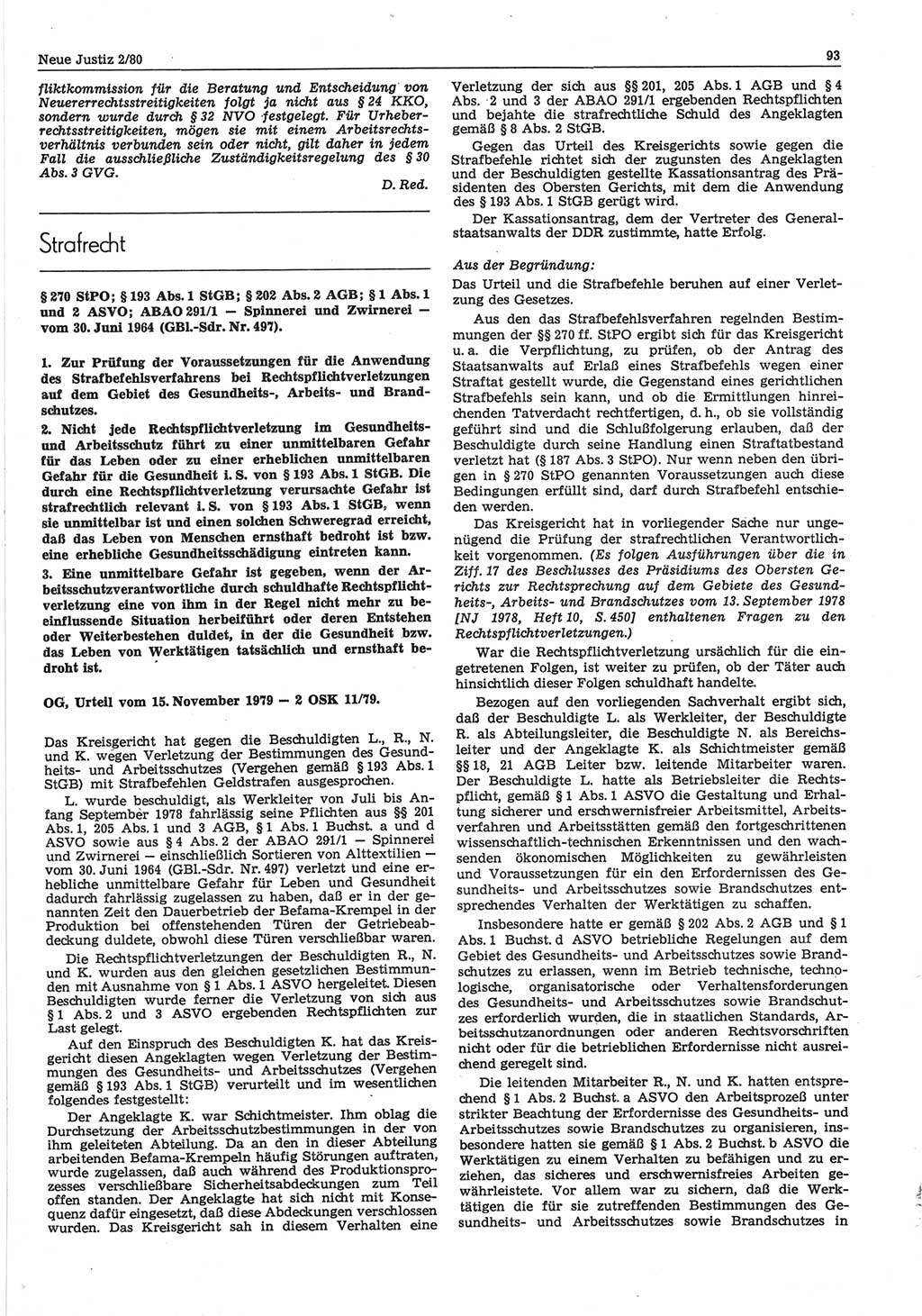 Neue Justiz (NJ), Zeitschrift für sozialistisches Recht und Gesetzlichkeit [Deutsche Demokratische Republik (DDR)], 34. Jahrgang 1980, Seite 93 (NJ DDR 1980, S. 93)