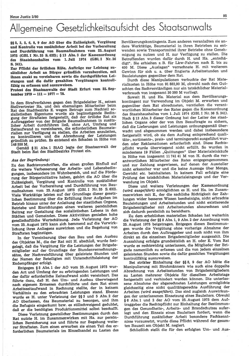 Neue Justiz (NJ), Zeitschrift für sozialistisches Recht und Gesetzlichkeit [Deutsche Demokratische Republik (DDR)], 34. Jahrgang 1980, Seite 95 (NJ DDR 1980, S. 95)