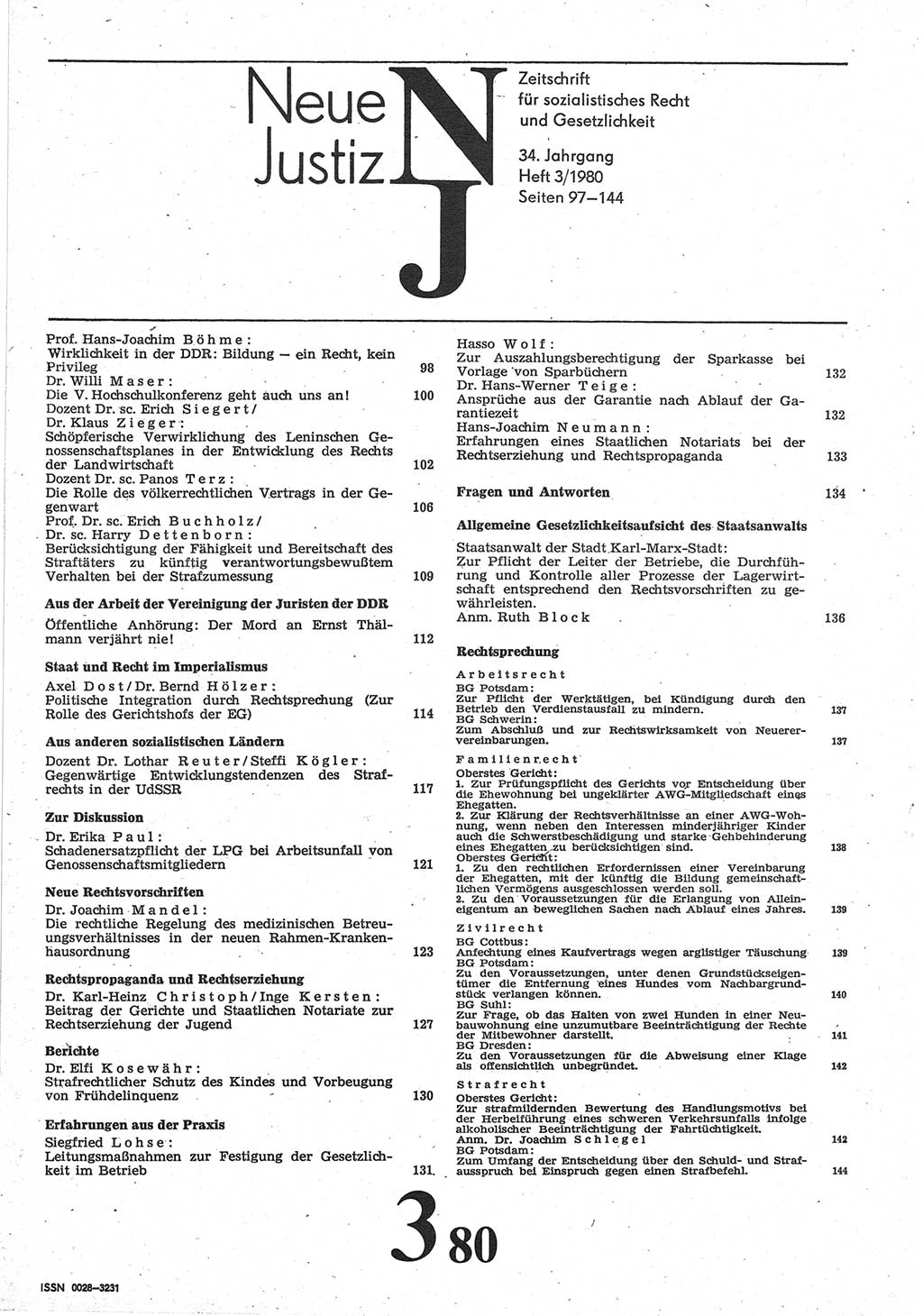 Neue Justiz (NJ), Zeitschrift für sozialistisches Recht und Gesetzlichkeit [Deutsche Demokratische Republik (DDR)], 34. Jahrgang 1980, Seite 97 (NJ DDR 1980, S. 97)