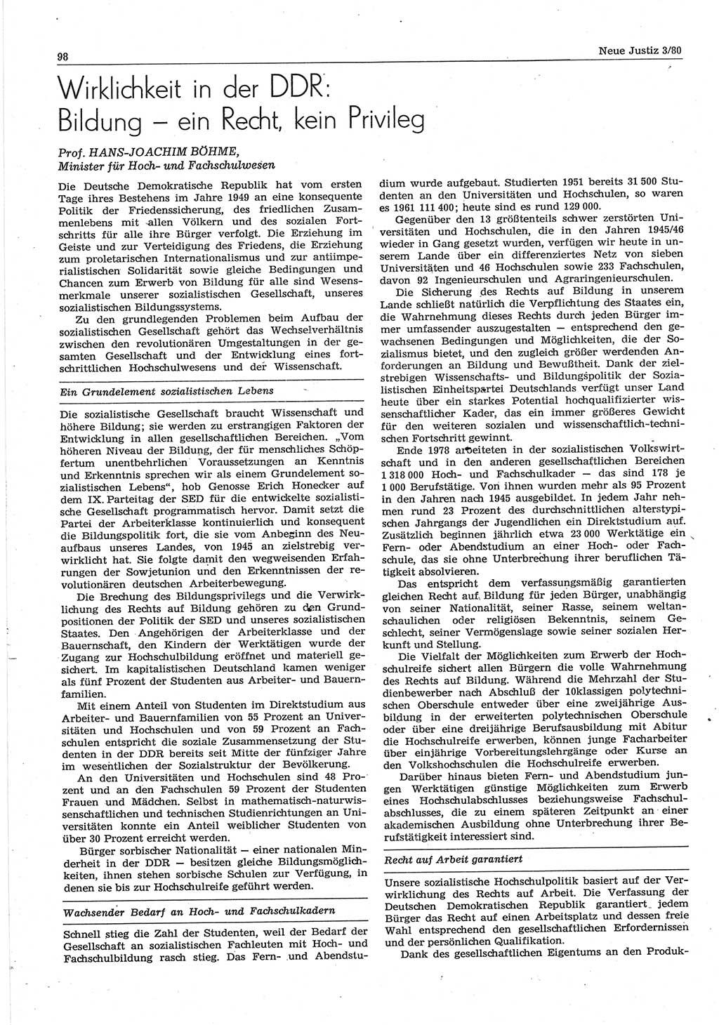 Neue Justiz (NJ), Zeitschrift für sozialistisches Recht und Gesetzlichkeit [Deutsche Demokratische Republik (DDR)], 34. Jahrgang 1980, Seite 98 (NJ DDR 1980, S. 98)