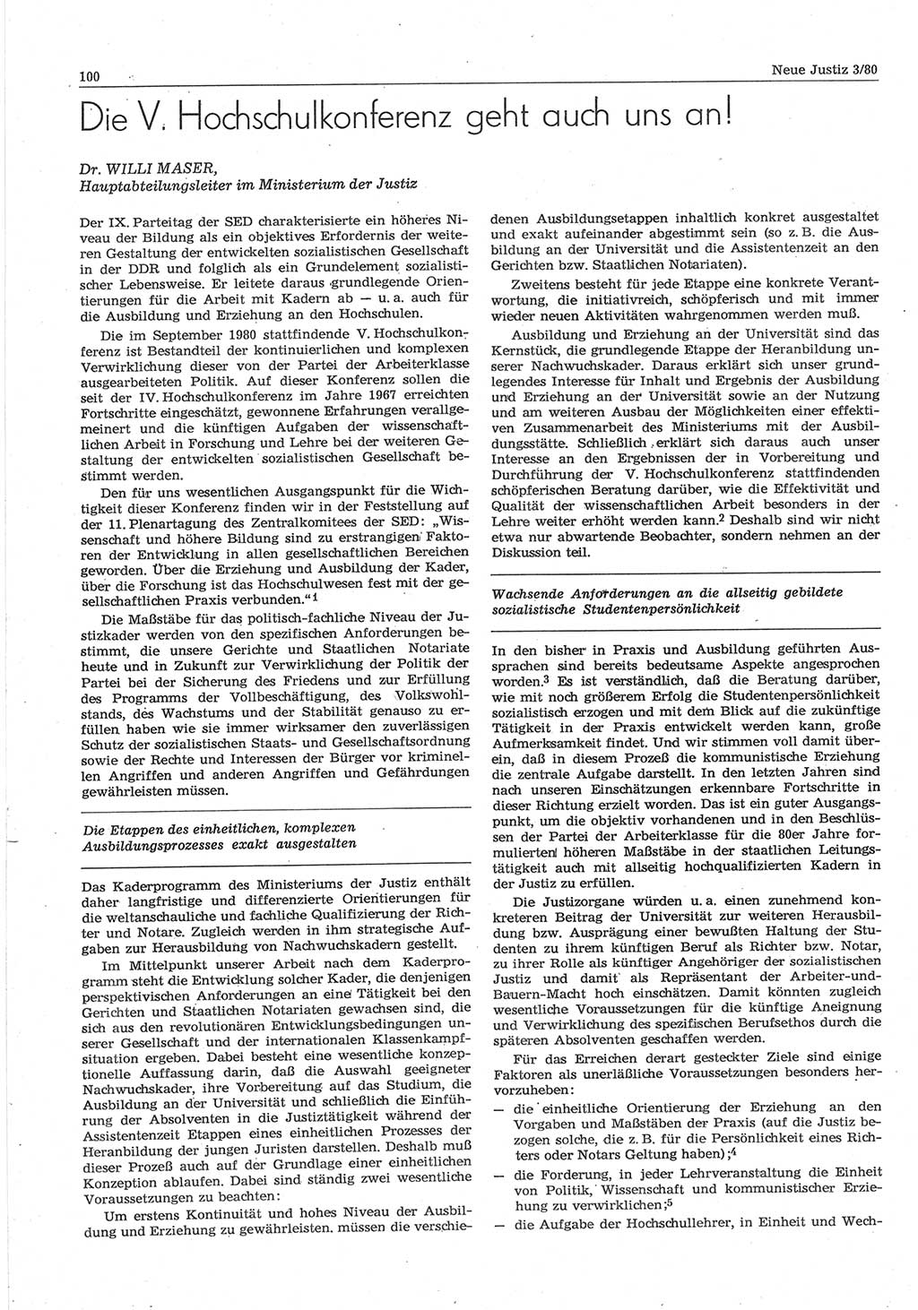 Neue Justiz (NJ), Zeitschrift für sozialistisches Recht und Gesetzlichkeit [Deutsche Demokratische Republik (DDR)], 34. Jahrgang 1980, Seite 100 (NJ DDR 1980, S. 100)