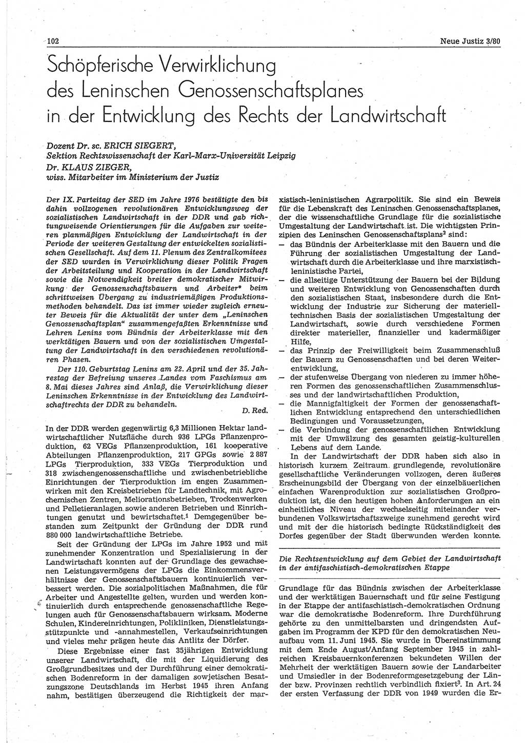 Neue Justiz (NJ), Zeitschrift für sozialistisches Recht und Gesetzlichkeit [Deutsche Demokratische Republik (DDR)], 34. Jahrgang 1980, Seite 102 (NJ DDR 1980, S. 102)