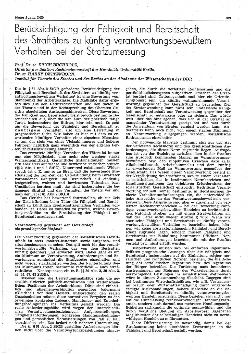 Neue Justiz (NJ), Zeitschrift für sozialistisches Recht und Gesetzlichkeit [Deutsche Demokratische Republik (DDR)], 34. Jahrgang 1980, Seite 109 (NJ DDR 1980, S. 109)