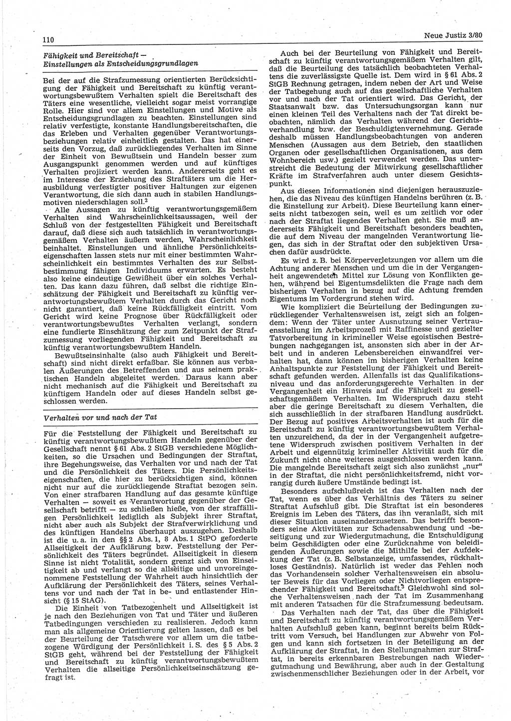 Neue Justiz (NJ), Zeitschrift für sozialistisches Recht und Gesetzlichkeit [Deutsche Demokratische Republik (DDR)], 34. Jahrgang 1980, Seite 110 (NJ DDR 1980, S. 110)