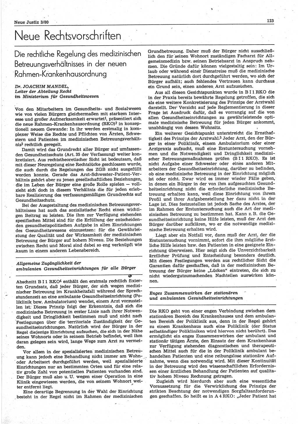 Neue Justiz (NJ), Zeitschrift für sozialistisches Recht und Gesetzlichkeit [Deutsche Demokratische Republik (DDR)], 34. Jahrgang 1980, Seite 123 (NJ DDR 1980, S. 123)