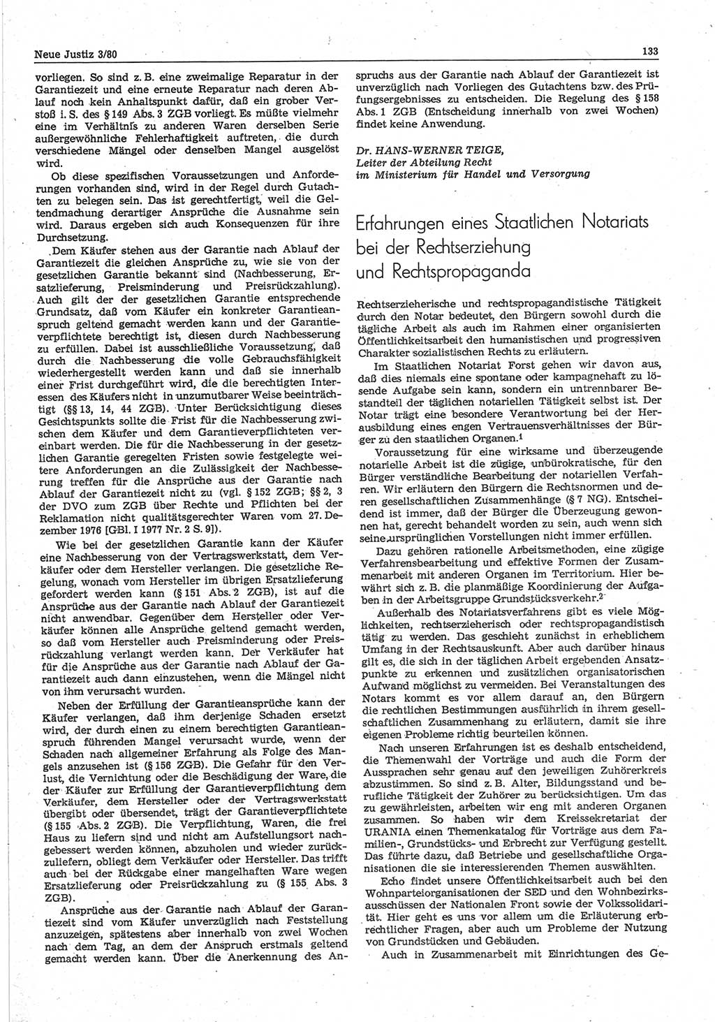 Neue Justiz (NJ), Zeitschrift für sozialistisches Recht und Gesetzlichkeit [Deutsche Demokratische Republik (DDR)], 34. Jahrgang 1980, Seite 133 (NJ DDR 1980, S. 133)