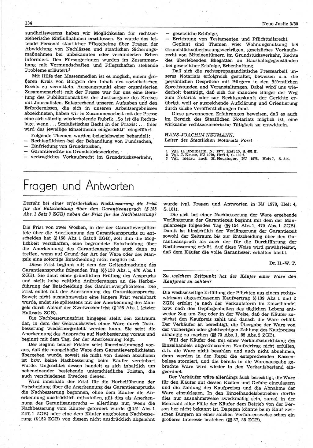 Neue Justiz (NJ), Zeitschrift für sozialistisches Recht und Gesetzlichkeit [Deutsche Demokratische Republik (DDR)], 34. Jahrgang 1980, Seite 134 (NJ DDR 1980, S. 134)