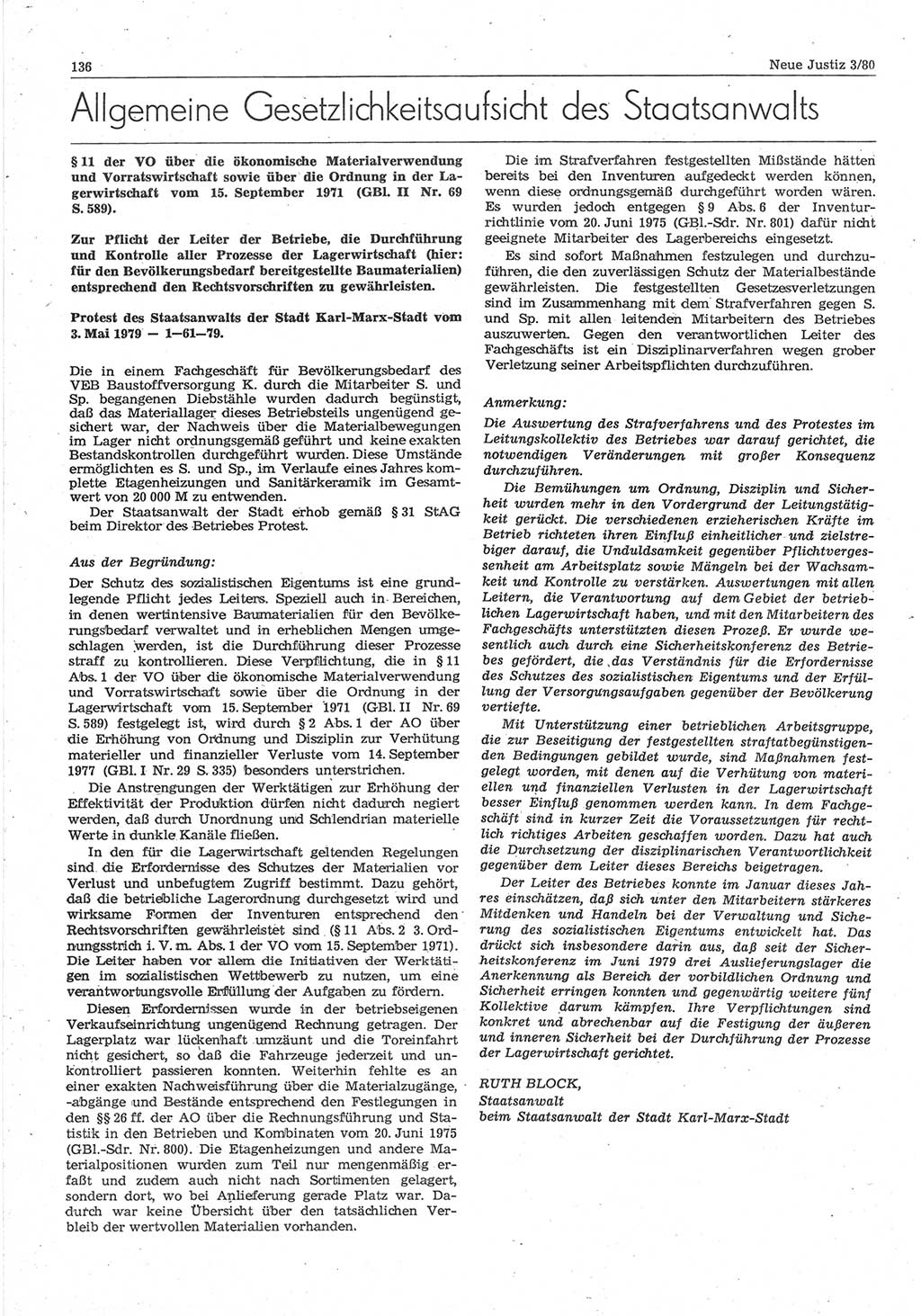Neue Justiz (NJ), Zeitschrift für sozialistisches Recht und Gesetzlichkeit [Deutsche Demokratische Republik (DDR)], 34. Jahrgang 1980, Seite 136 (NJ DDR 1980, S. 136)