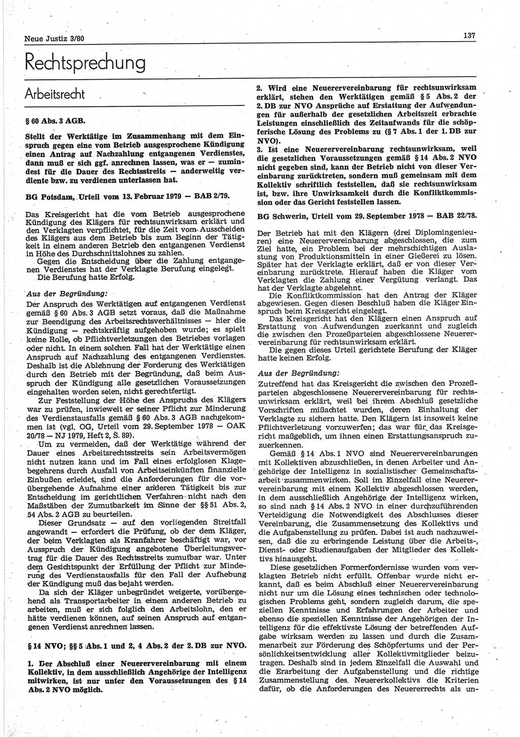 Neue Justiz (NJ), Zeitschrift für sozialistisches Recht und Gesetzlichkeit [Deutsche Demokratische Republik (DDR)], 34. Jahrgang 1980, Seite 137 (NJ DDR 1980, S. 137)