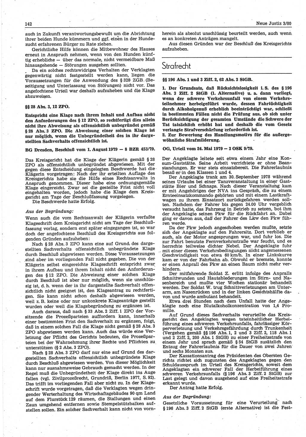Neue Justiz (NJ), Zeitschrift für sozialistisches Recht und Gesetzlichkeit [Deutsche Demokratische Republik (DDR)], 34. Jahrgang 1980, Seite 142 (NJ DDR 1980, S. 142)