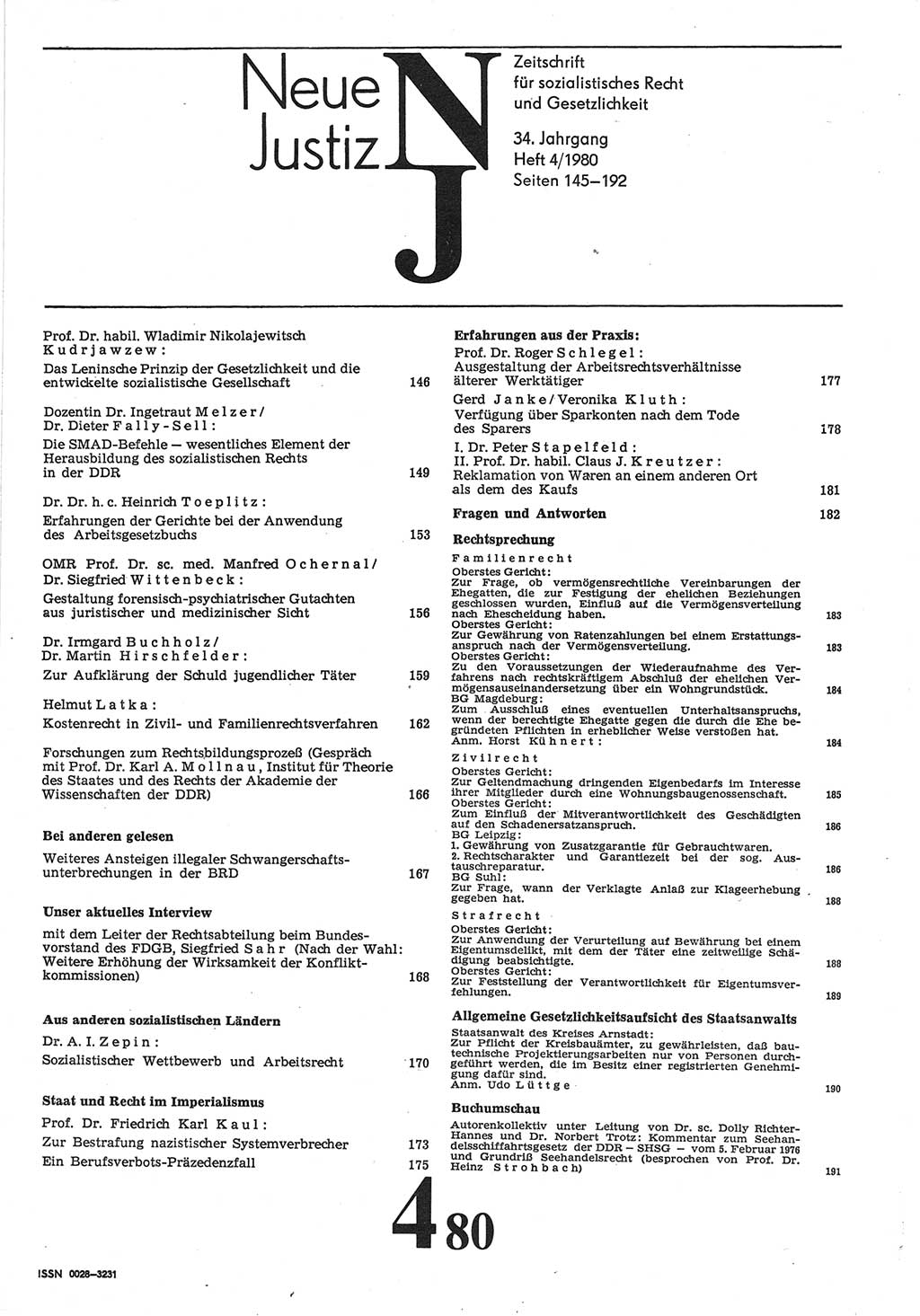 Neue Justiz (NJ), Zeitschrift für sozialistisches Recht und Gesetzlichkeit [Deutsche Demokratische Republik (DDR)], 34. Jahrgang 1980, Seite 145 (NJ DDR 1980, S. 145)