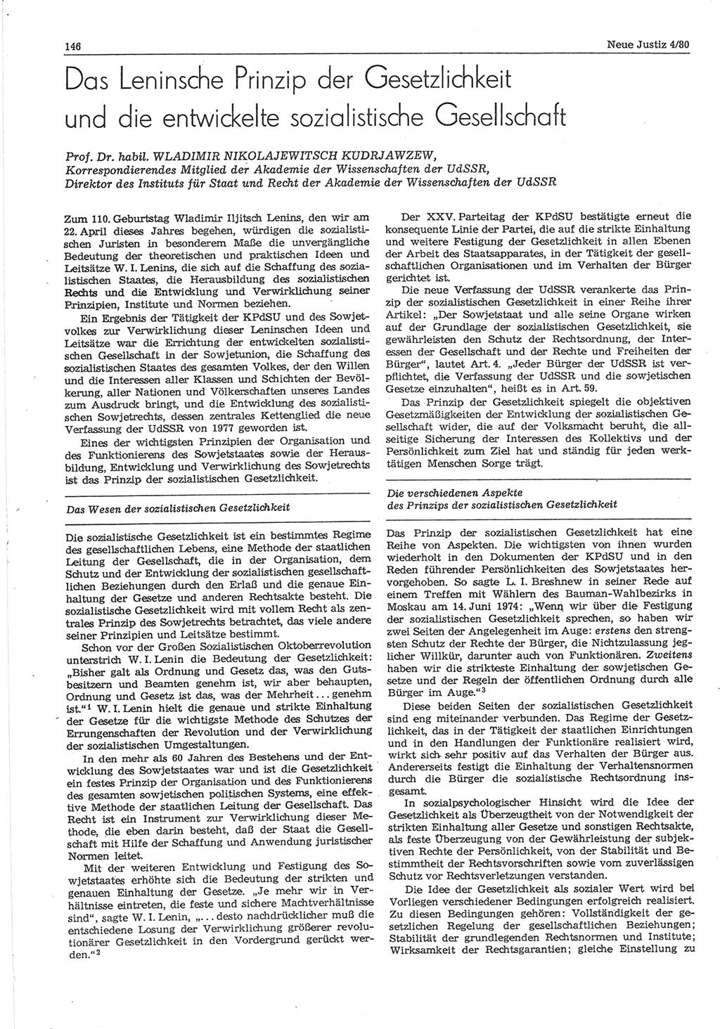 Neue Justiz (NJ), Zeitschrift für sozialistisches Recht und Gesetzlichkeit [Deutsche Demokratische Republik (DDR)], 34. Jahrgang 1980, Seite 146 (NJ DDR 1980, S. 146)