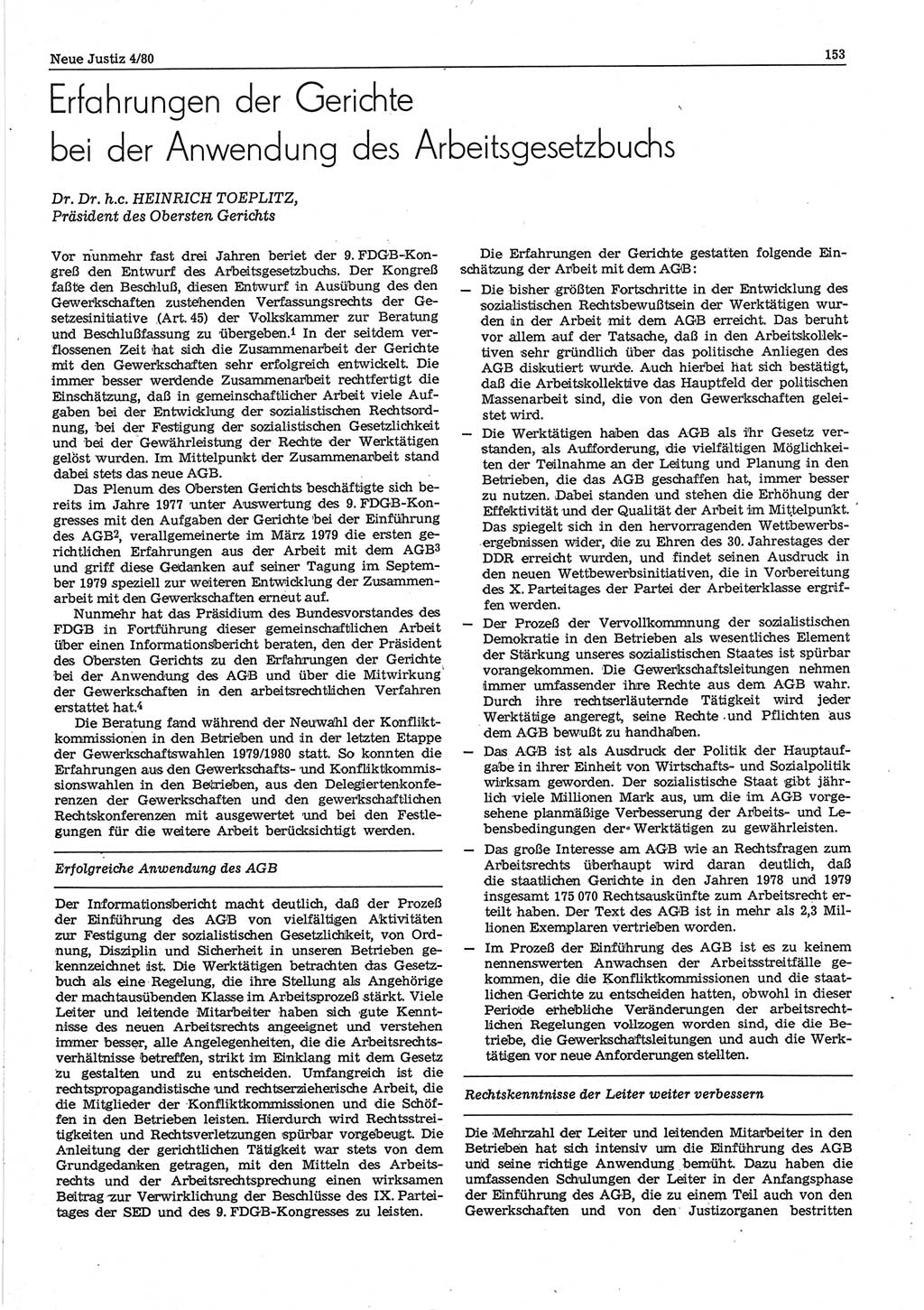 Neue Justiz (NJ), Zeitschrift für sozialistisches Recht und Gesetzlichkeit [Deutsche Demokratische Republik (DDR)], 34. Jahrgang 1980, Seite 153 (NJ DDR 1980, S. 153)