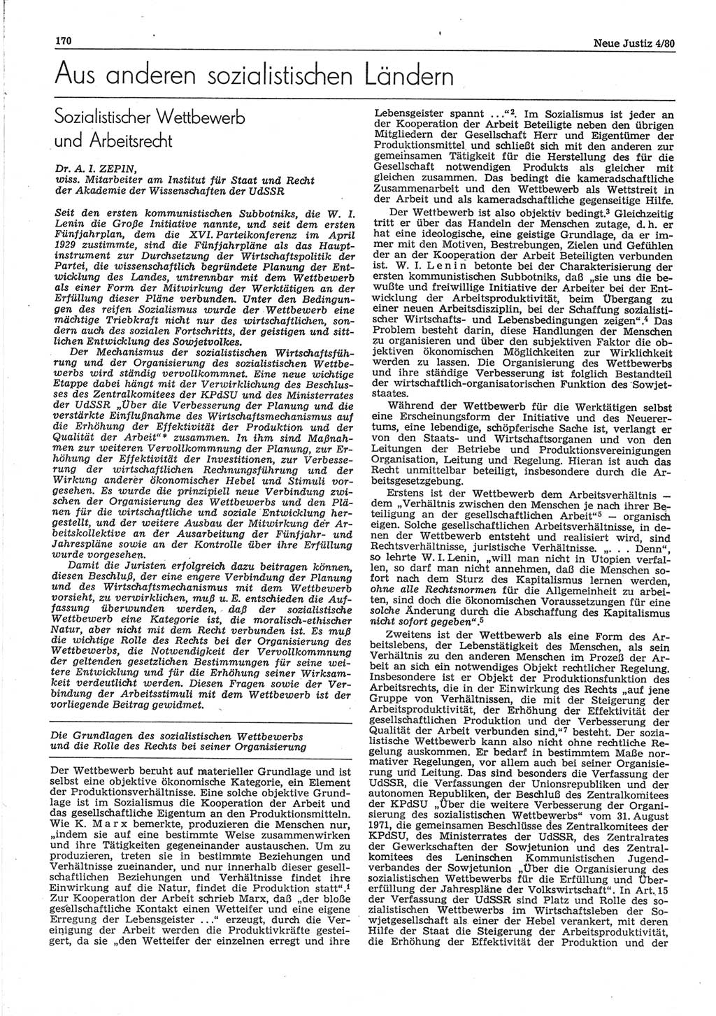 Neue Justiz (NJ), Zeitschrift für sozialistisches Recht und Gesetzlichkeit [Deutsche Demokratische Republik (DDR)], 34. Jahrgang 1980, Seite 170 (NJ DDR 1980, S. 170)