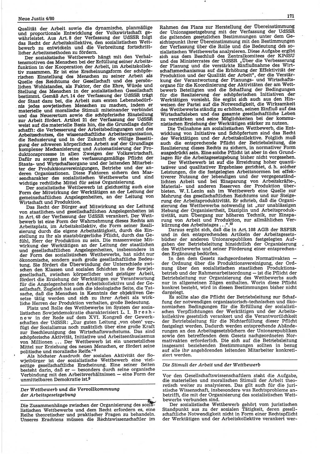 Neue Justiz (NJ), Zeitschrift für sozialistisches Recht und Gesetzlichkeit [Deutsche Demokratische Republik (DDR)], 34. Jahrgang 1980, Seite 171 (NJ DDR 1980, S. 171)