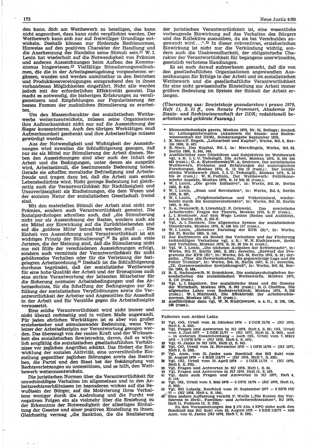 Neue Justiz (NJ), Zeitschrift für sozialistisches Recht und Gesetzlichkeit [Deutsche Demokratische Republik (DDR)], 34. Jahrgang 1980, Seite 172 (NJ DDR 1980, S. 172)