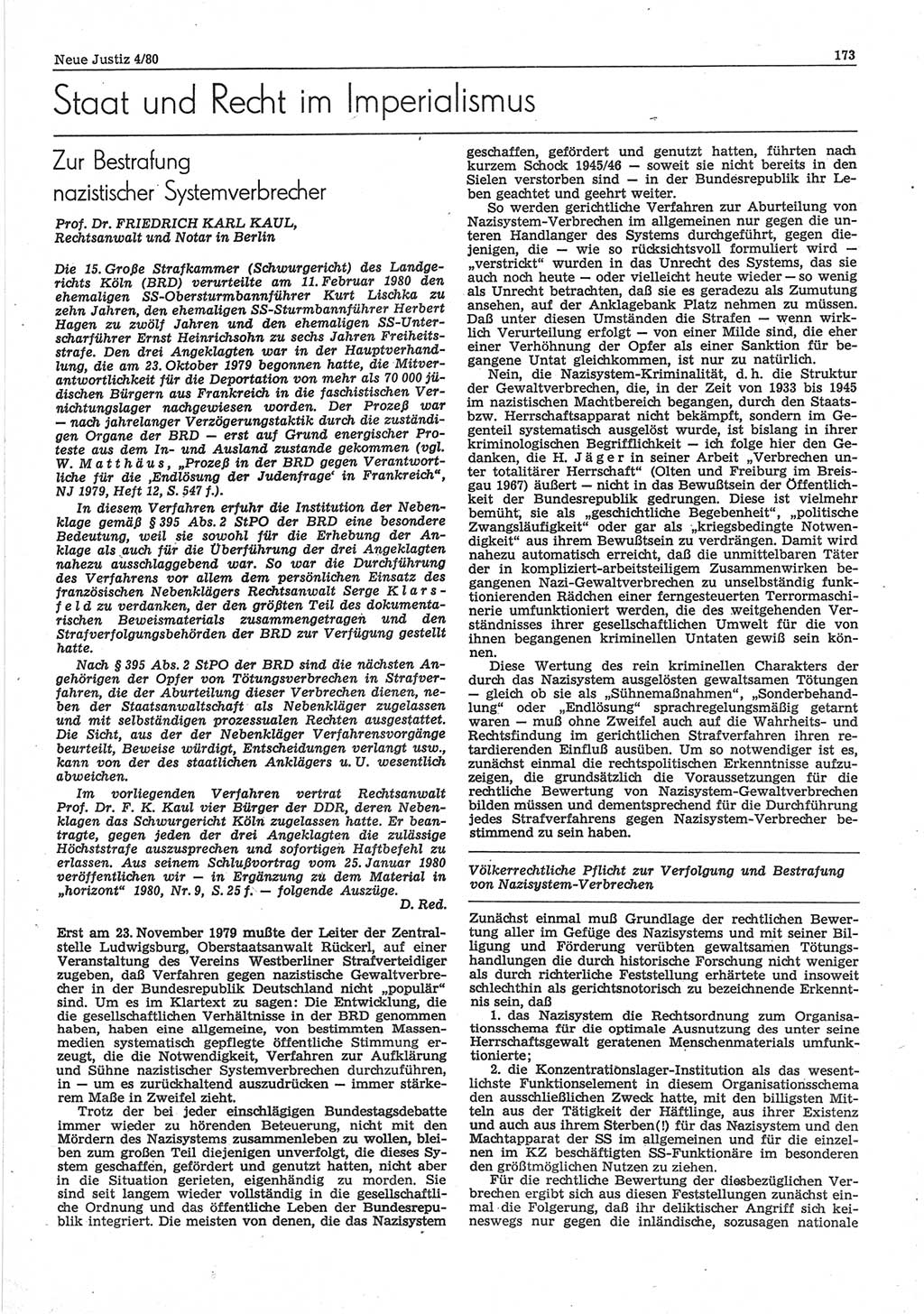 Neue Justiz (NJ), Zeitschrift für sozialistisches Recht und Gesetzlichkeit [Deutsche Demokratische Republik (DDR)], 34. Jahrgang 1980, Seite 173 (NJ DDR 1980, S. 173)
