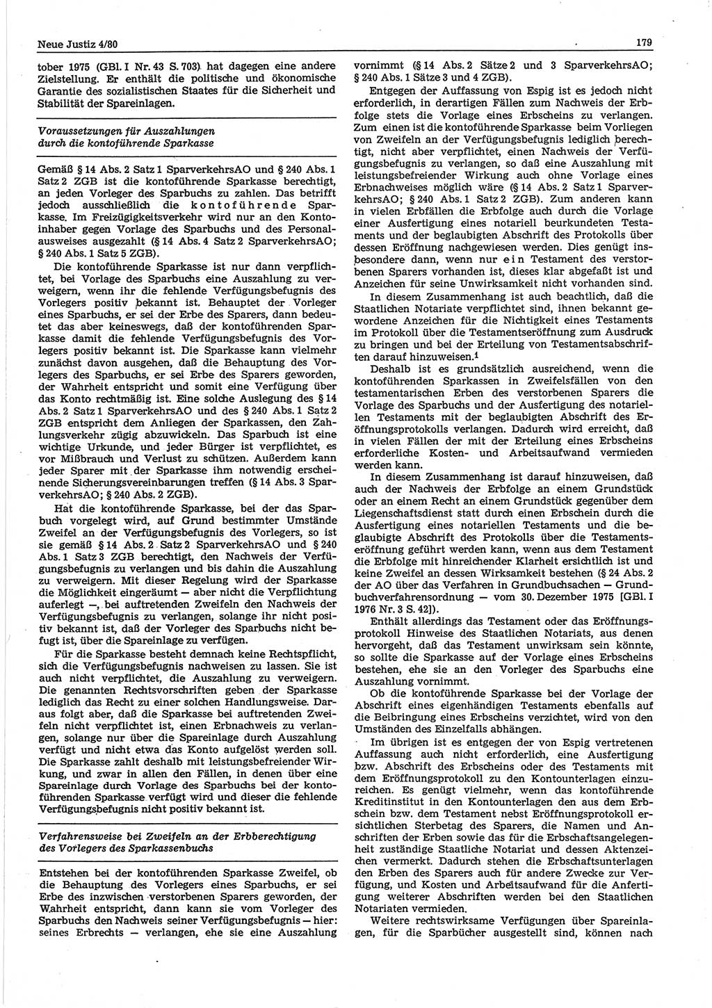Neue Justiz (NJ), Zeitschrift für sozialistisches Recht und Gesetzlichkeit [Deutsche Demokratische Republik (DDR)], 34. Jahrgang 1980, Seite 179 (NJ DDR 1980, S. 179)