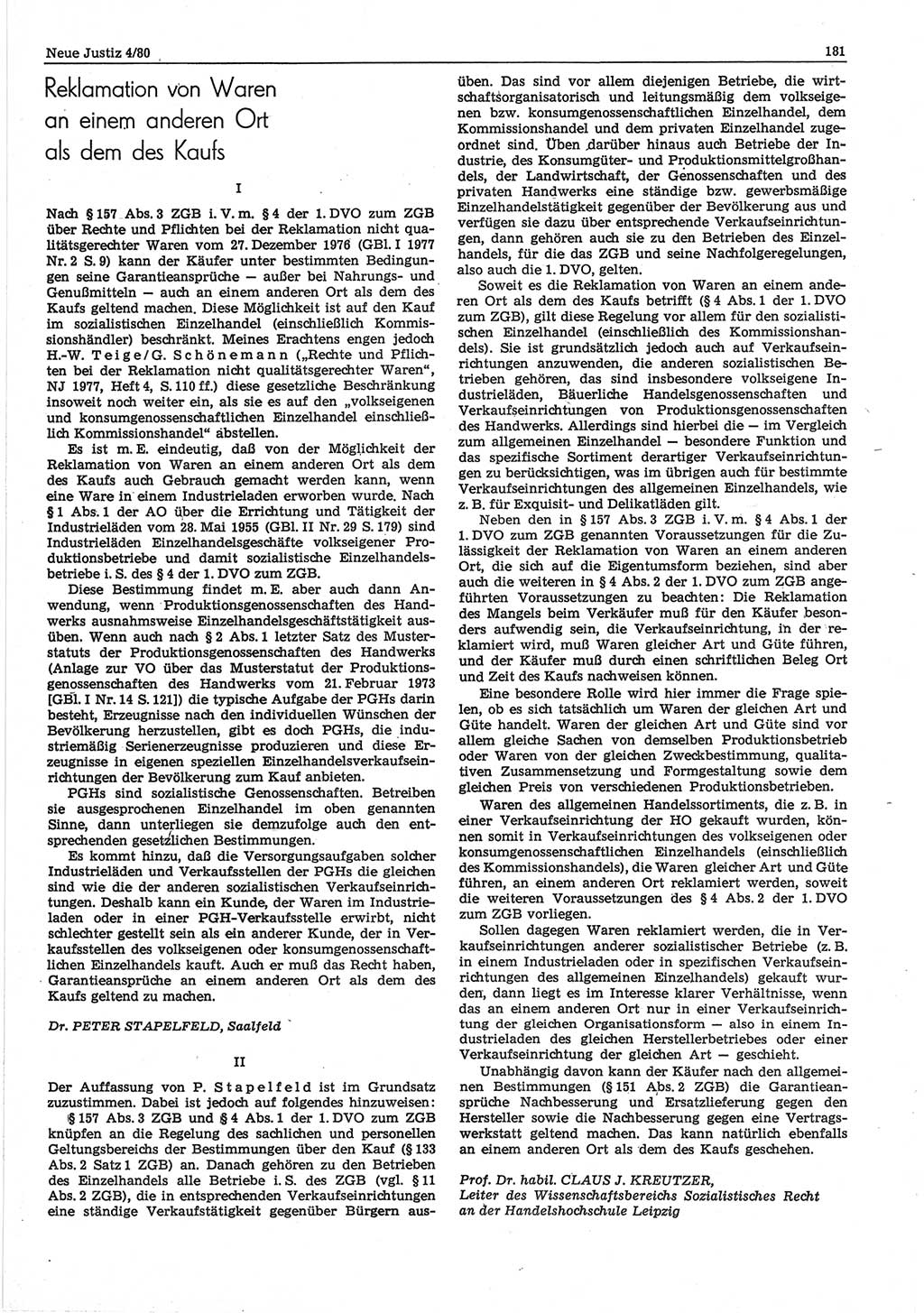 Neue Justiz (NJ), Zeitschrift für sozialistisches Recht und Gesetzlichkeit [Deutsche Demokratische Republik (DDR)], 34. Jahrgang 1980, Seite 181 (NJ DDR 1980, S. 181)